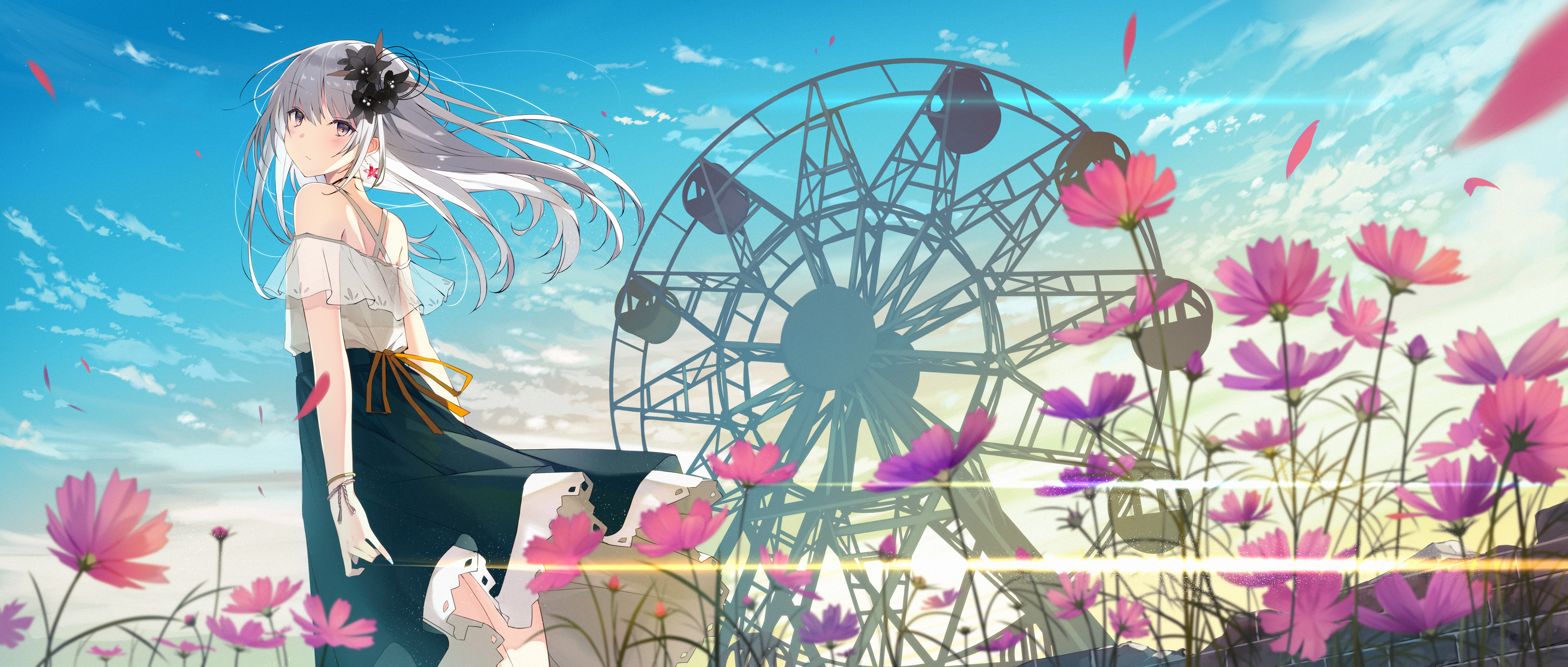 women, white hair, flower in hair, hair ornament, long hair, looking at viewer, dress, bare shoulders, ferris wheel, flowers, bokeh, windy, sky, lens flare, anime girls, original characters, artwork, digital art, illustration, drawing, 2D, Ashima, anime, ultra-wide, HD Wallpaper