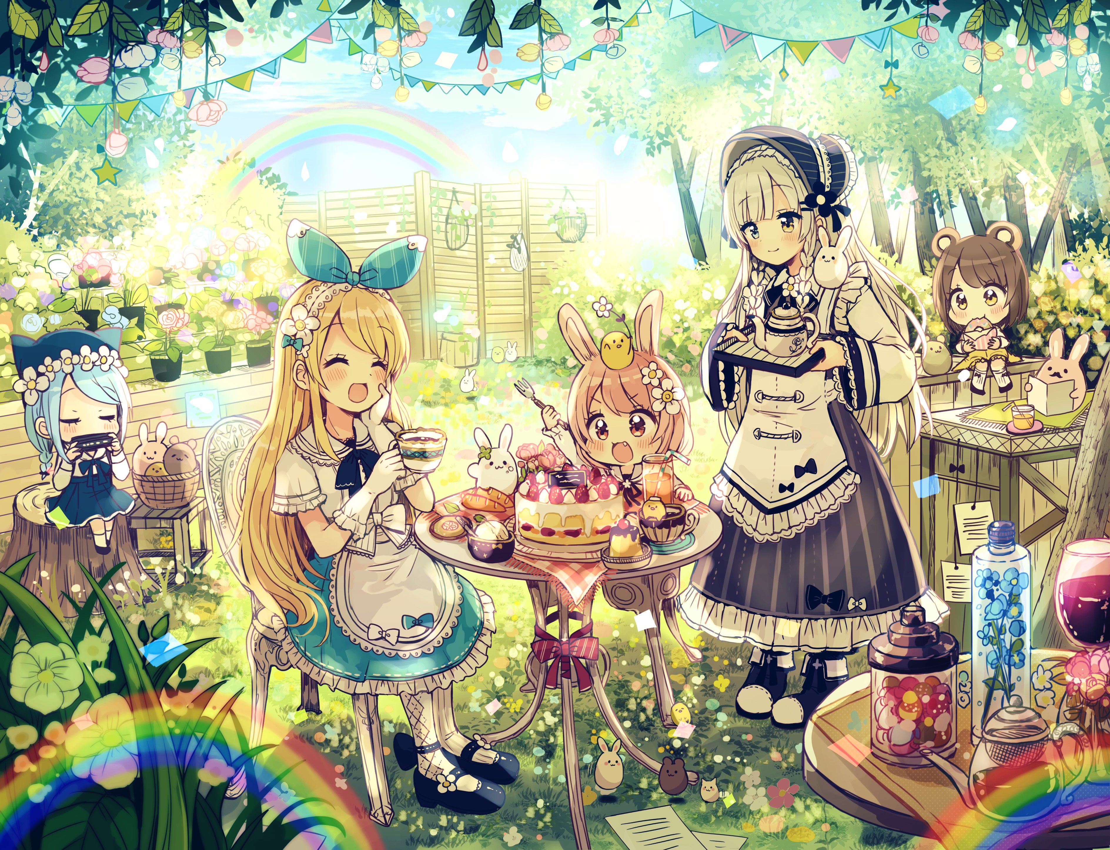 anime, anime girls, open mouth, food, cake, blonde, colorful, HD Wallpaper