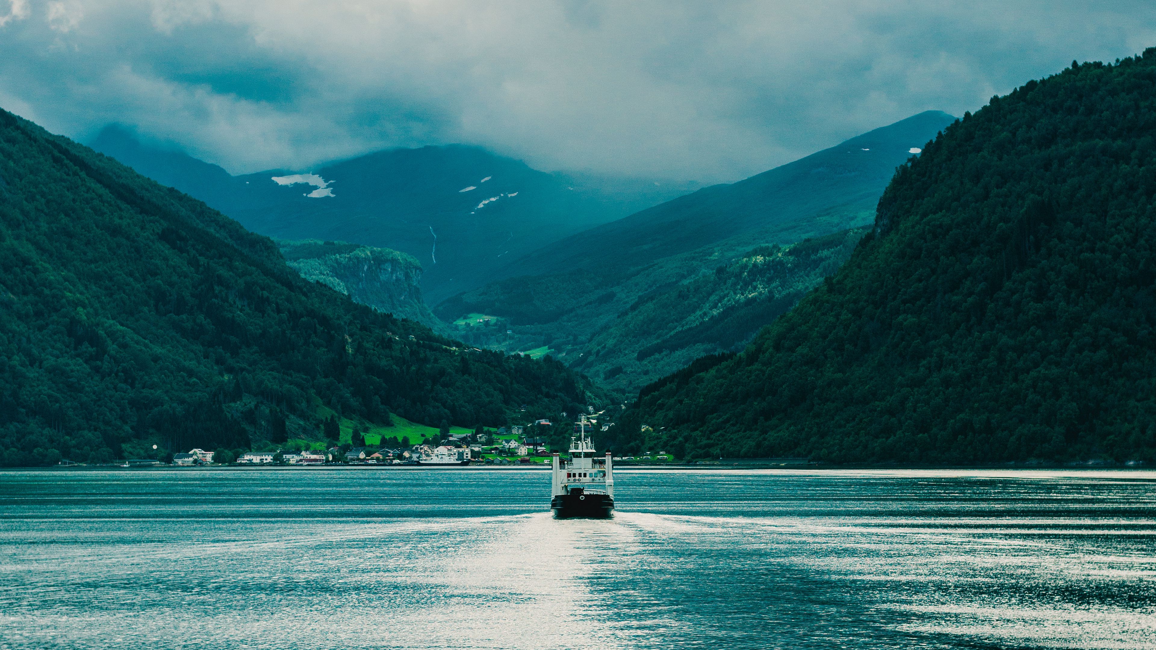 ship, boat, mountains, fog, clouds, 4k, HD Wallpaper