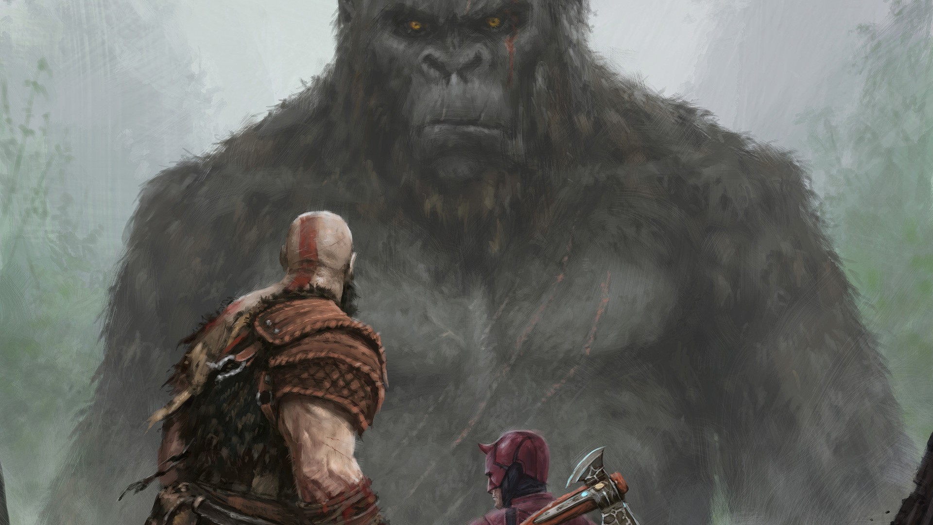 artwork, Fantasia, fantasy art, God of War, King Kong, digital, digital art, movies, fighting, Daredevil, HD Wallpaper