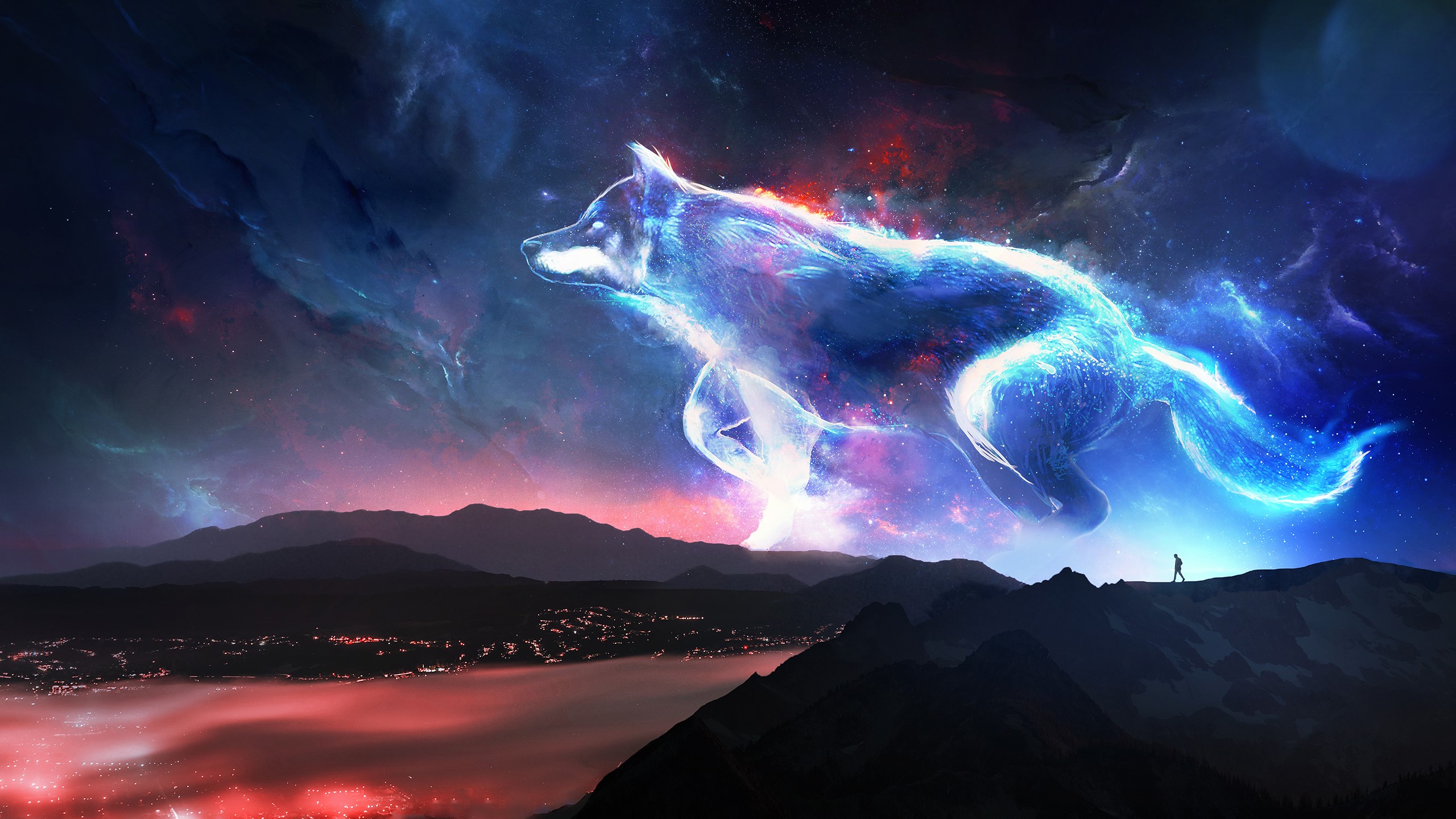 t1na, wolf, mountains, stars, mist, animals, cyan, HD Wallpaper