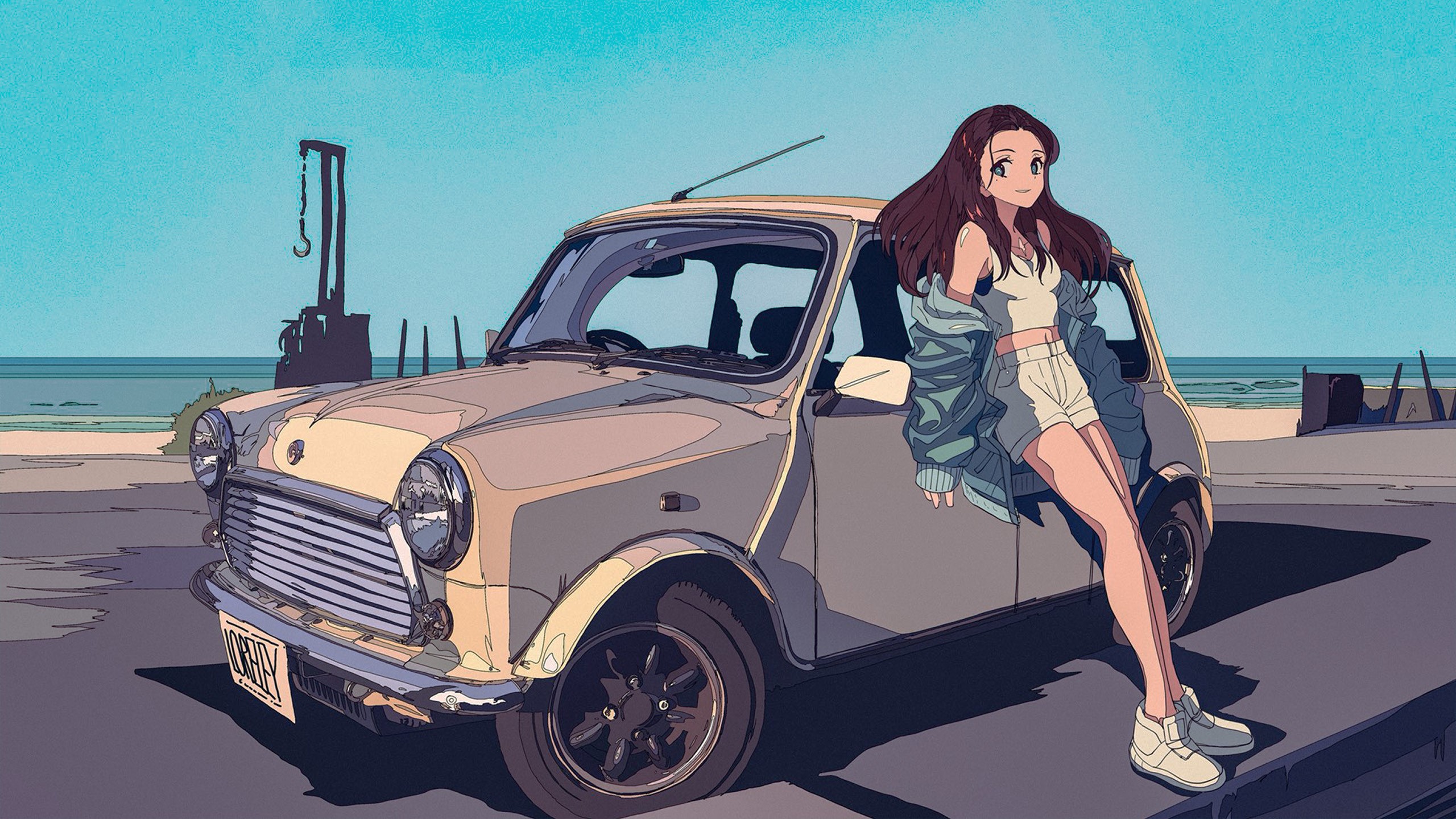 car, beach, jacket, anime girls, Mini, RS Watanabe, beige, HD Wallpaper