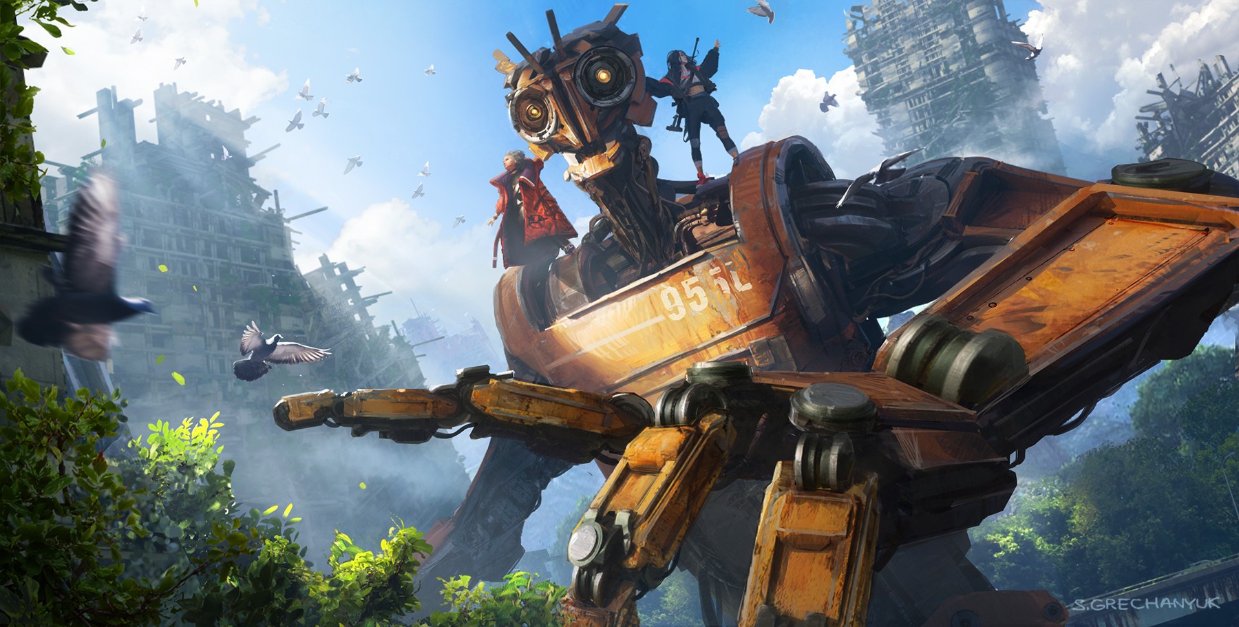 artwork, robot, science fiction, digital, women, birds, fantasy art, city, ruins, HD Wallpaper