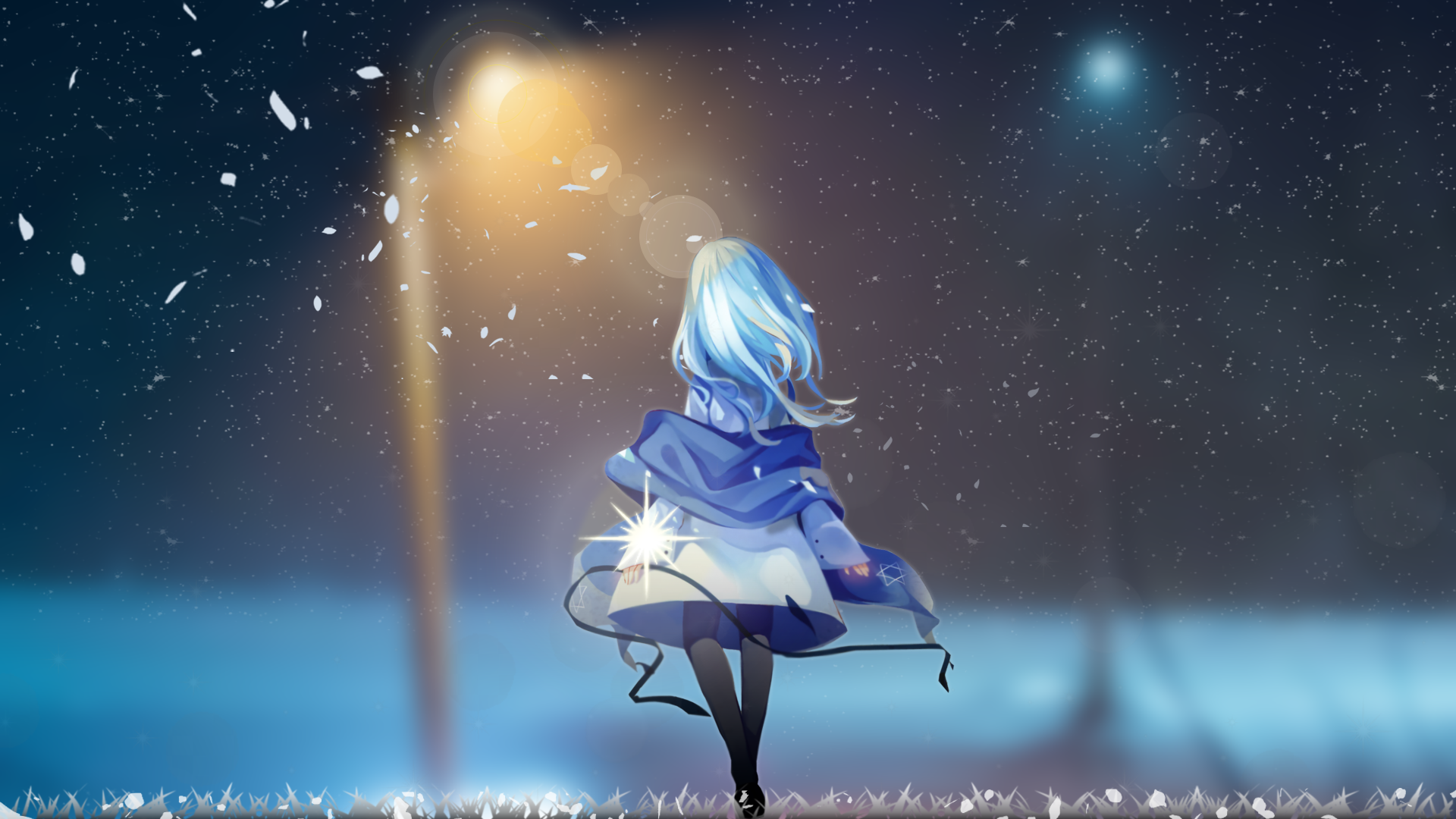 anime, anime girls, snow, night, Japan, Photoshop, cartoon, fan art, blue hair, HD Wallpaper