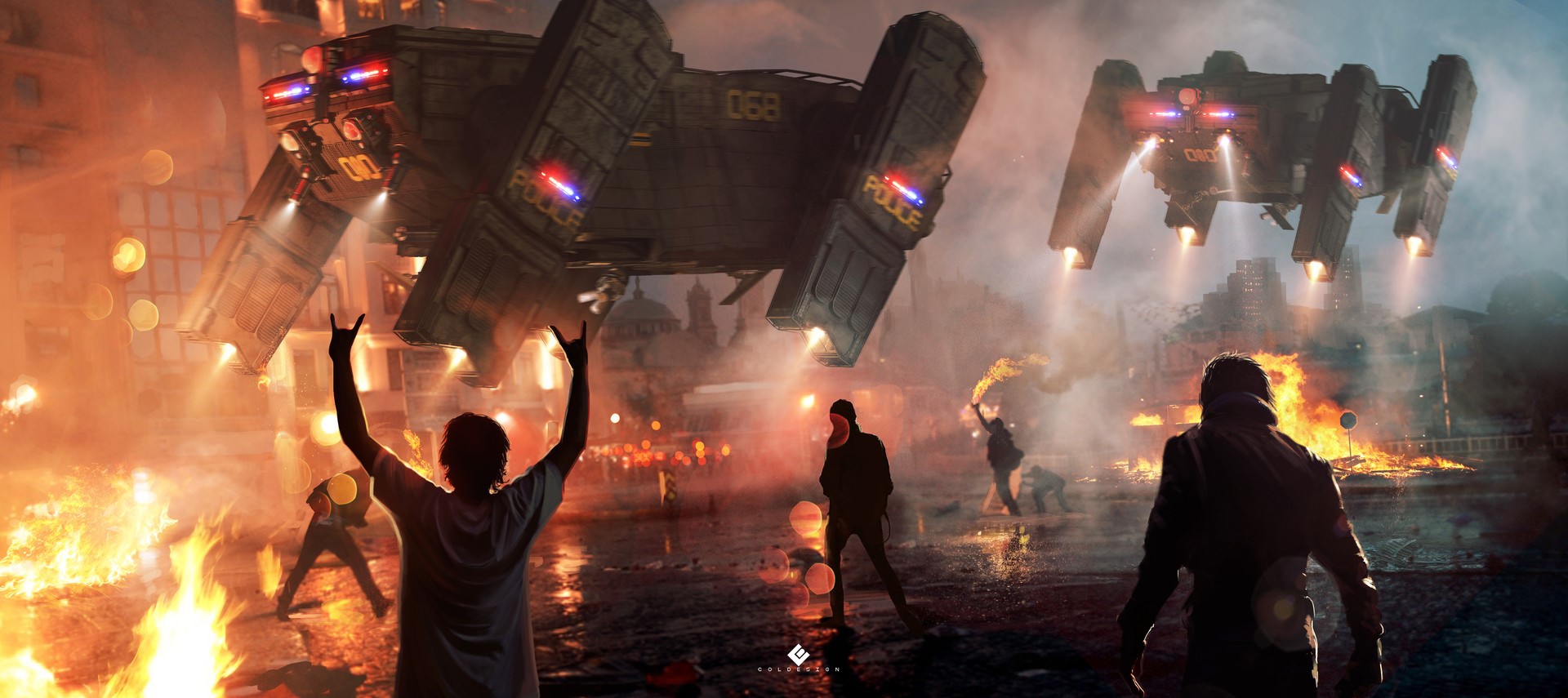 futuristic, riot, fire, science fiction, digital, HD Wallpaper
