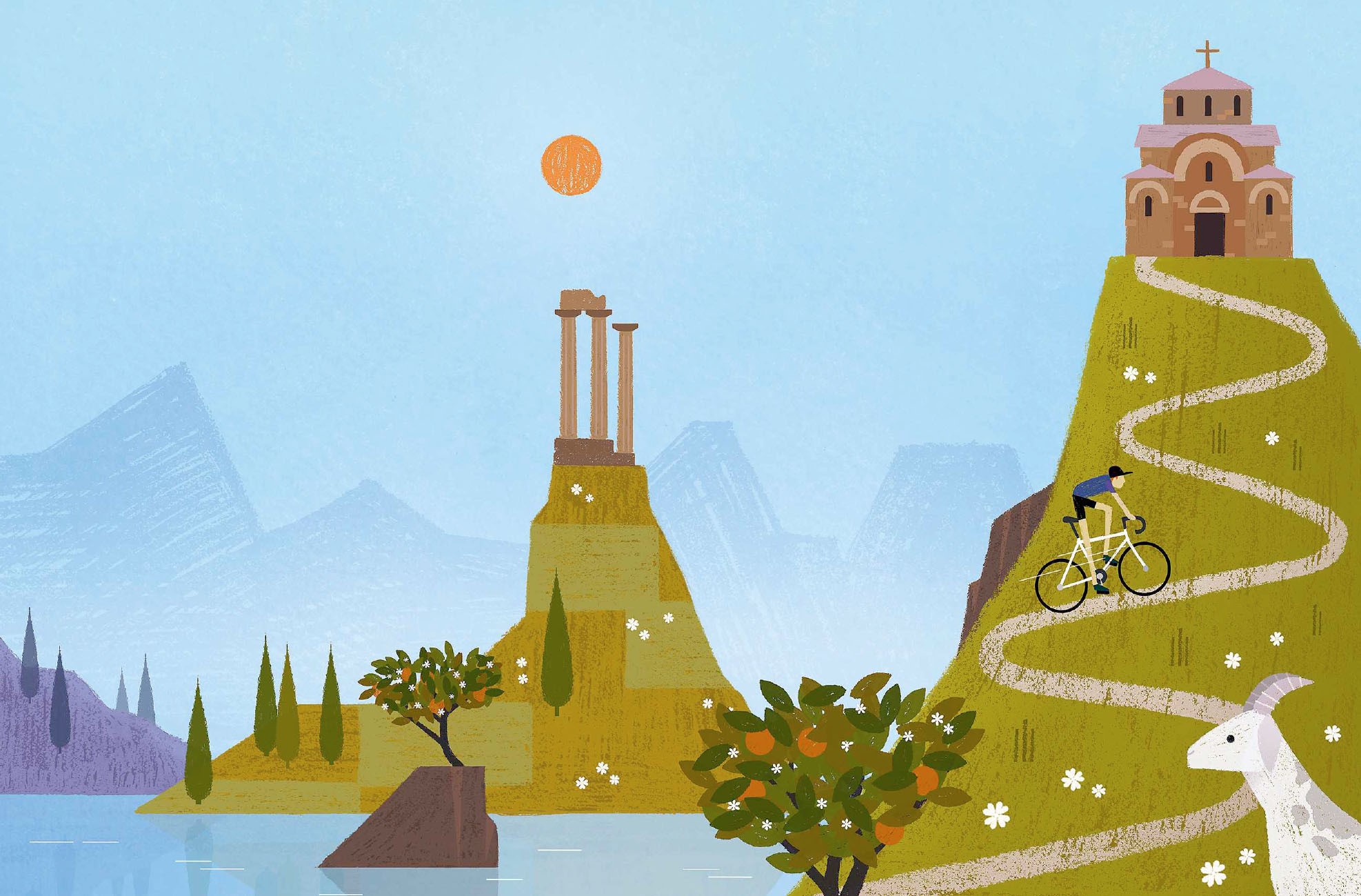 nature, landscape, digital art, artwork, trees, church, Sun, path, bicycle, lake, ruins, cycling, sky, goat, mountains, HD Wallpaper