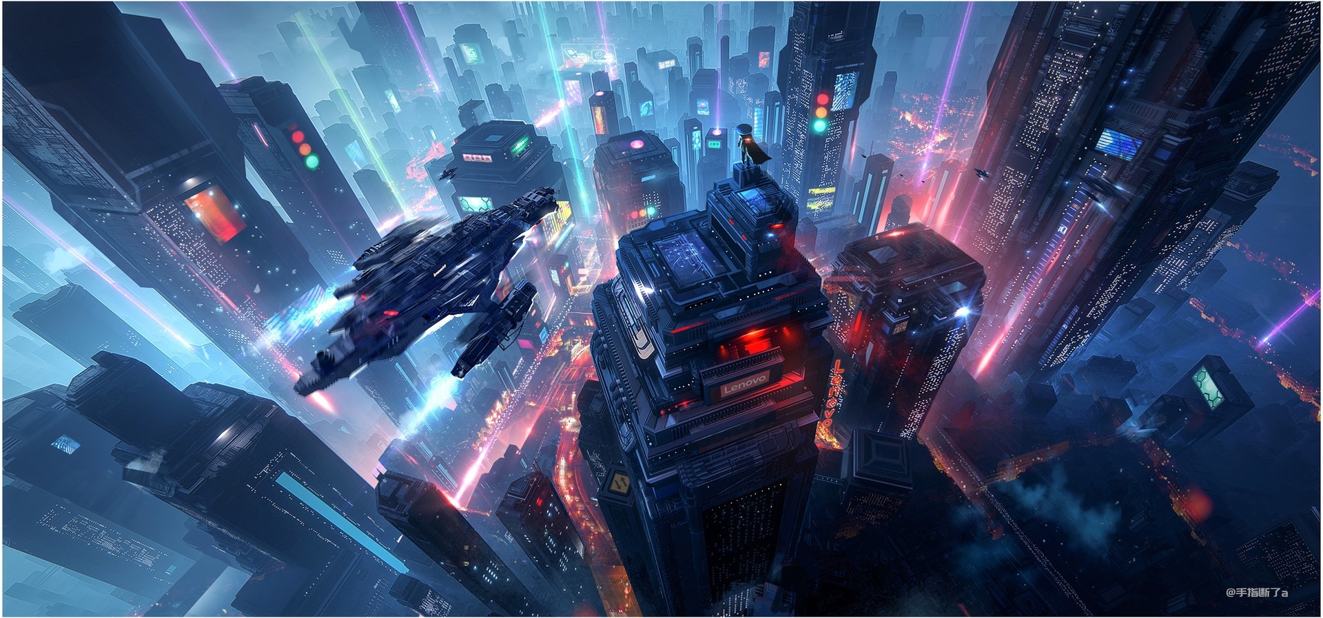 city, futuristic, science fiction, cyberpunk, spaceship, architecture, futuristic city, building, aerial view, city lights, HD Wallpaper