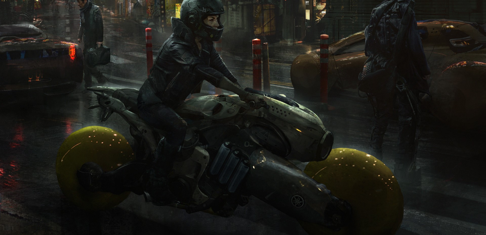 motorcyclist, motorcycle, helmet, leather jackets, people, futuristic, car, environment, science fiction, cyberpunk, artwork, digital art, illustration, 2D, street, urban, concept art, Eddie Mendoza, vehicle, HD Wallpaper