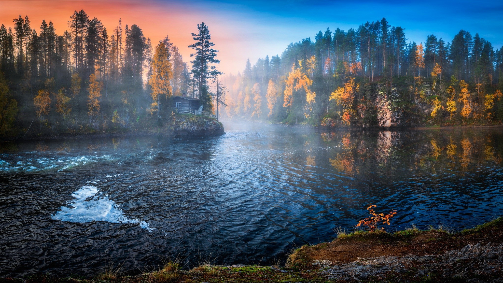 nature, water, fall, landscape, river, forest, HD Wallpaper