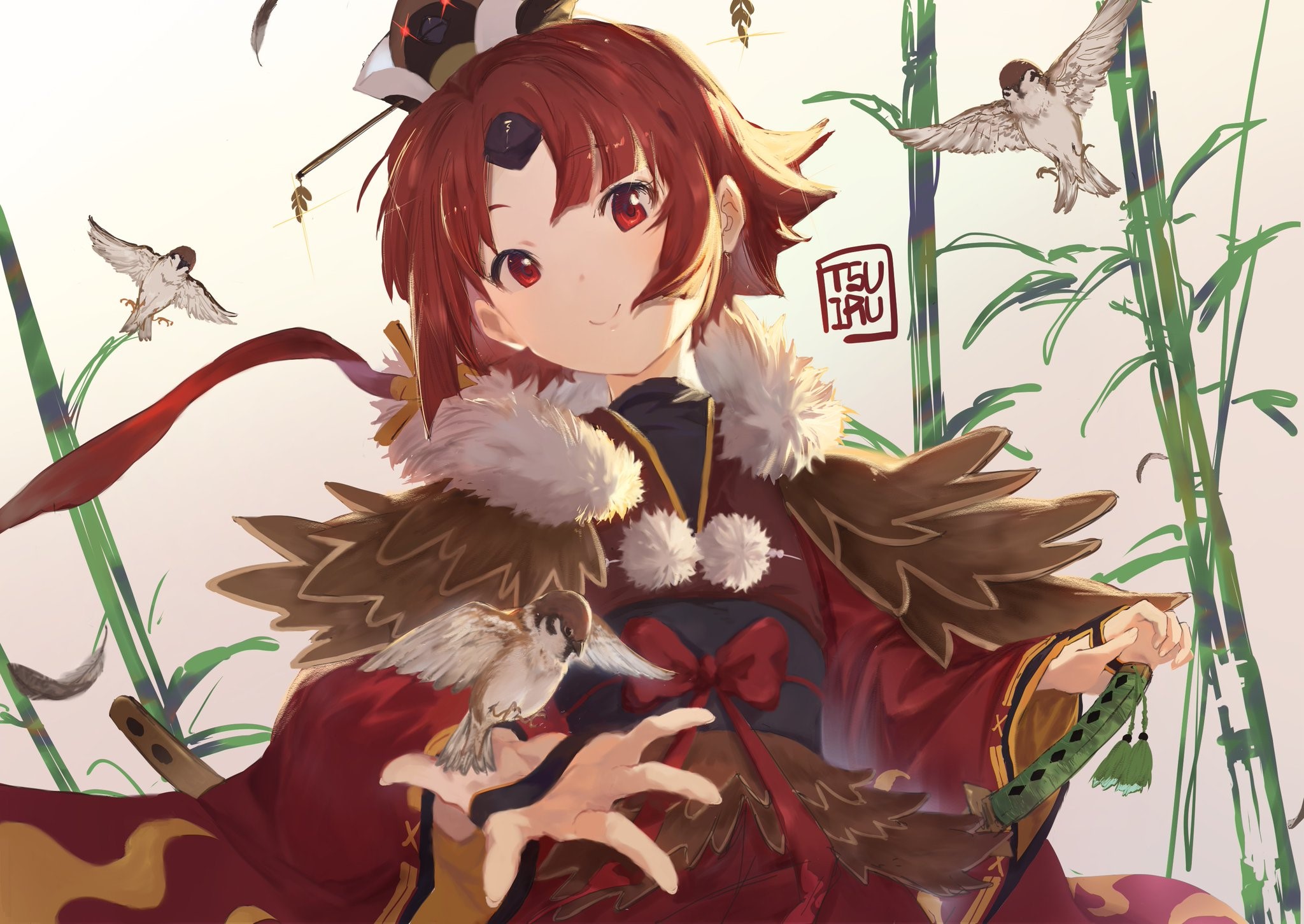 anime girls, anime, Fate/Grand Order, redhead, red eyes, birds, HD Wallpaper