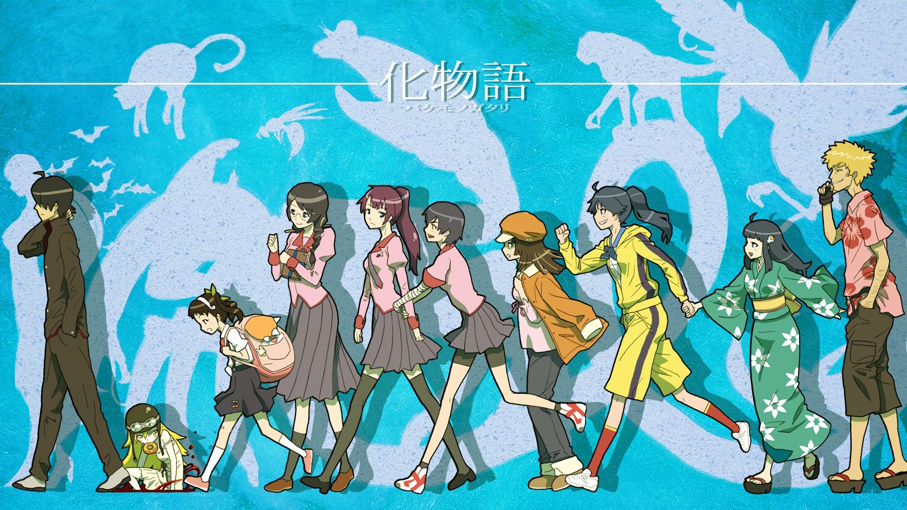 Monogatari Series, Araragi Karen, Araragi Tsukihi, Araragi Koyomi, Kanbaru Suruga, Sengoku Nadeko, Hachikuji Mayoi, Hanekawa Tsubasa, Oshino Shinobu, Senjougahara Hitagi, Oshino Meme, blue, fan art, school uniform, anime, anime girls, cyan, HD Wallpaper