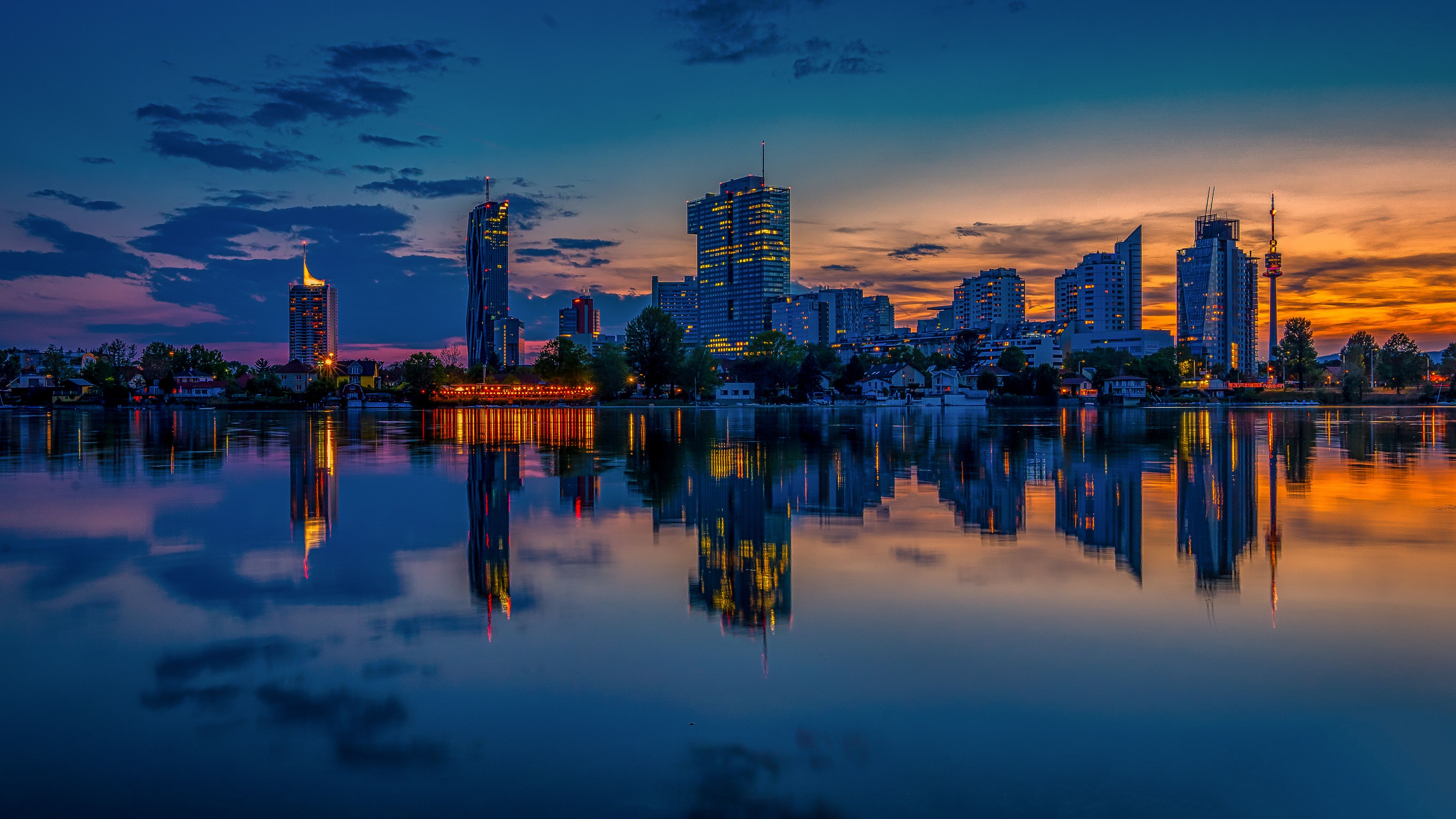 city, evening, reflection, 4k, HD Wallpaper
