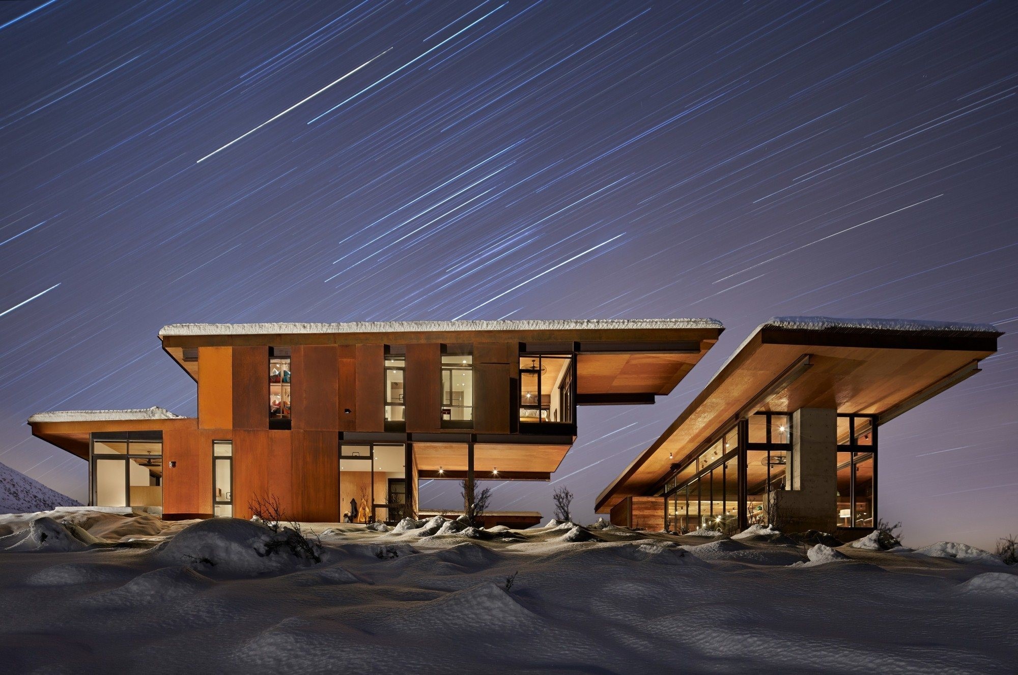 modern, house, architecture, snow, star trails, long exposure, HD Wallpaper