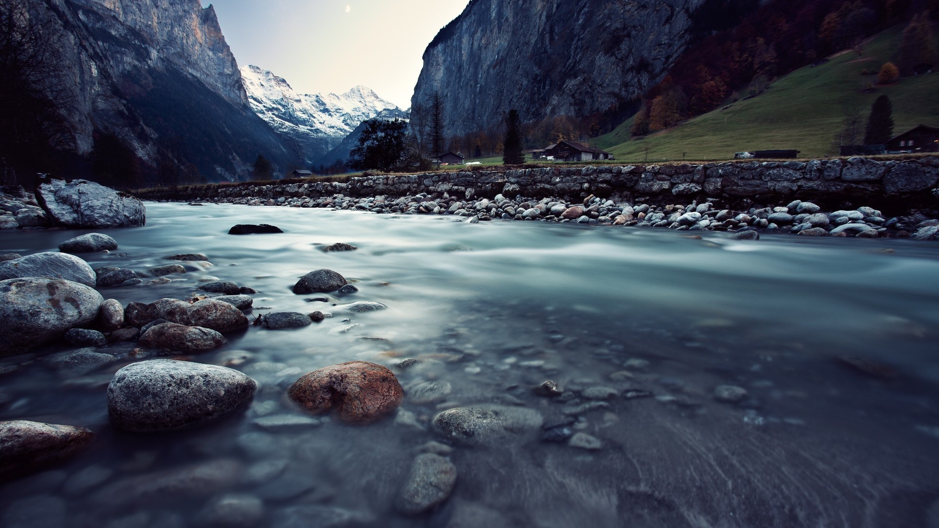 landscape, nature, Switzerland, river, stream, stones, mountains, trees, snow, HD Wallpaper