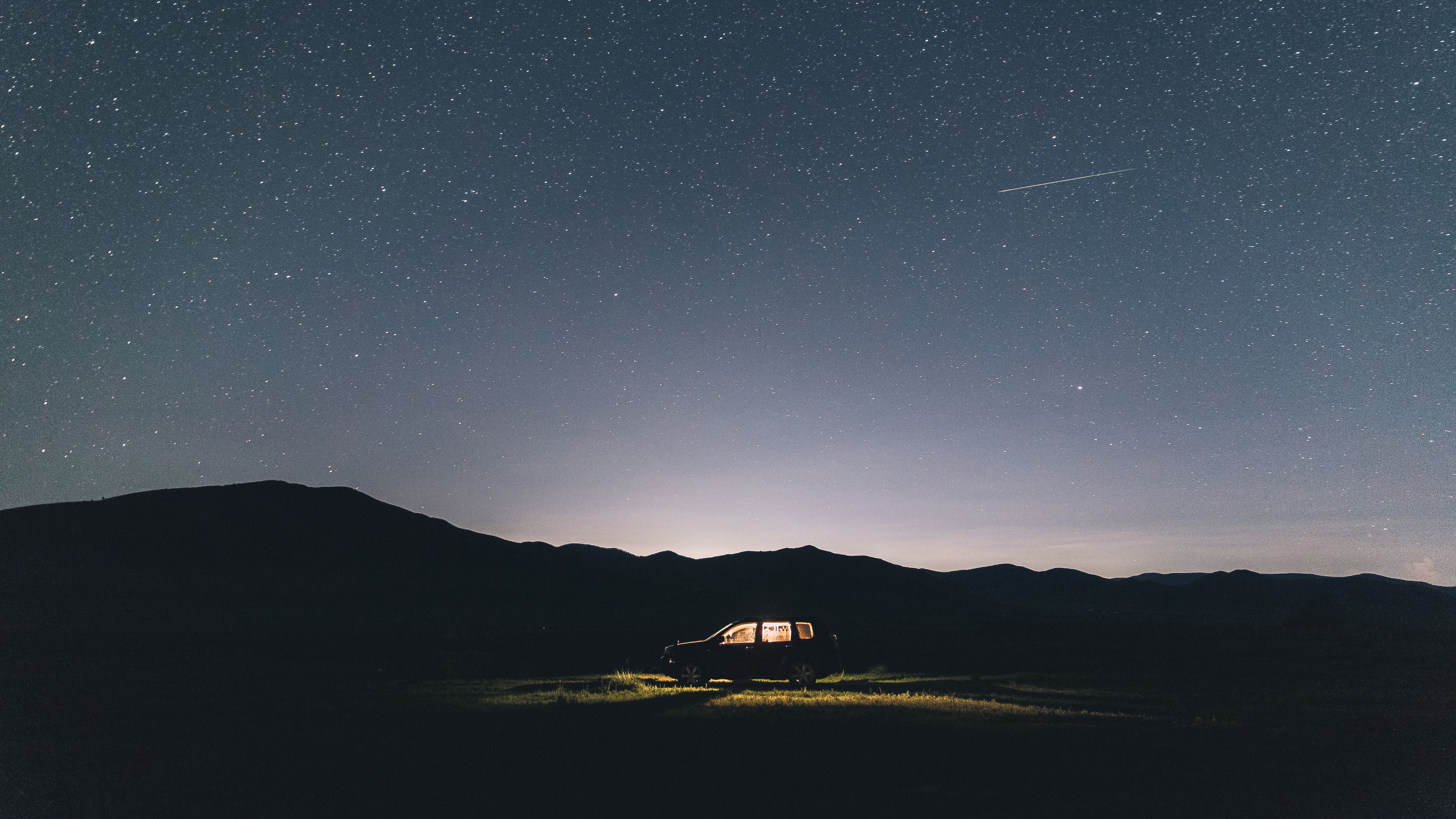 starry sky, car, night, light, horizon, 4k, HD Wallpaper