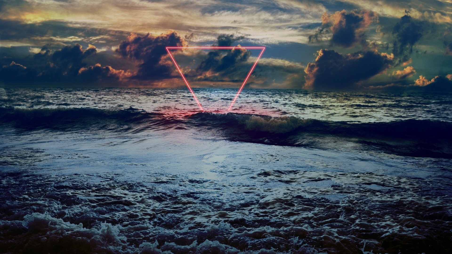 sea, sunset, triangle, dark, clouds, nature, HD Wallpaper