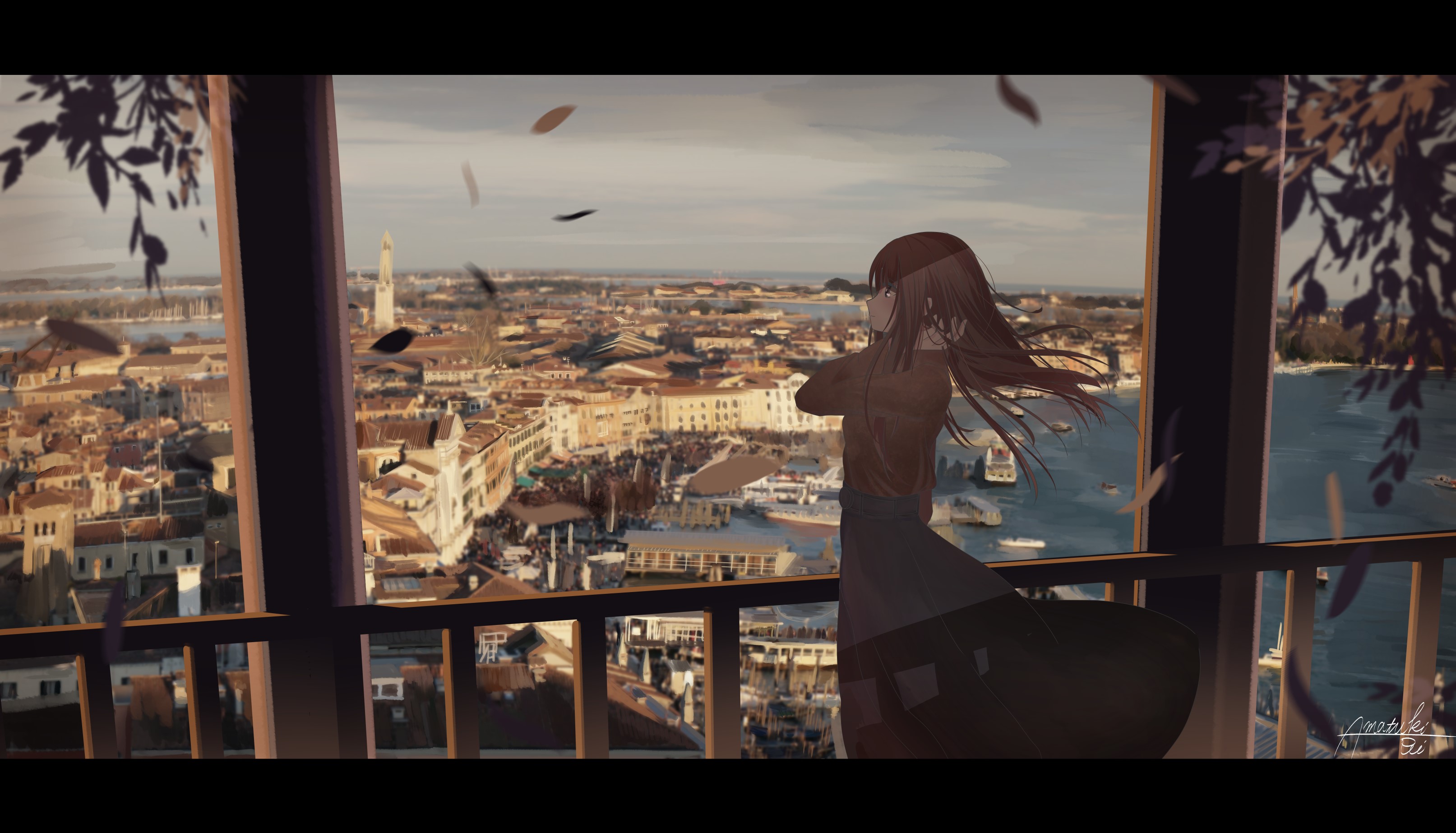 anime, anime girls, cityscape, brunette, long hair, HD Wallpaper