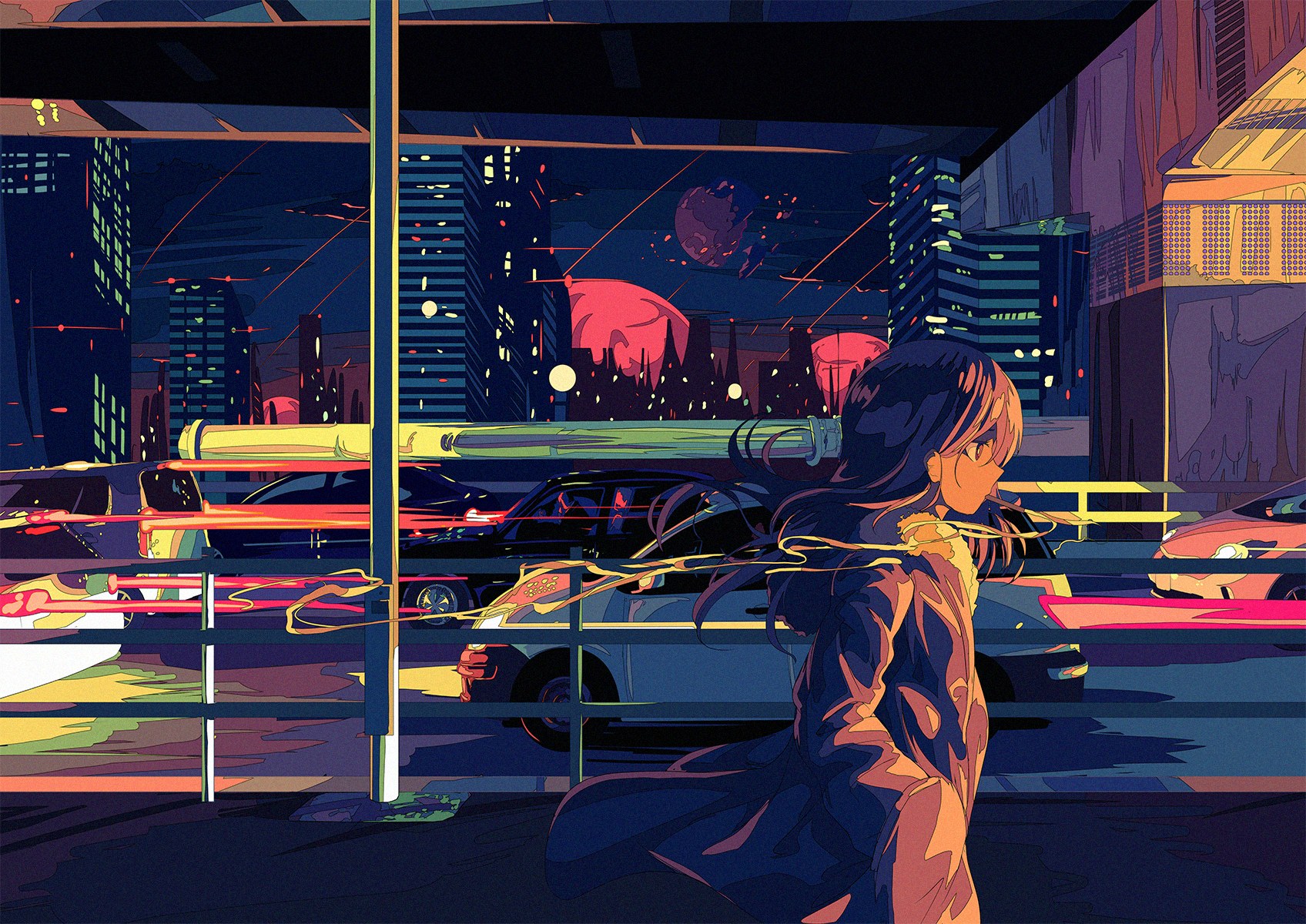 anime, anime girls, urban, cityscape, car, traffic, Berry Verrine, HD Wallpaper