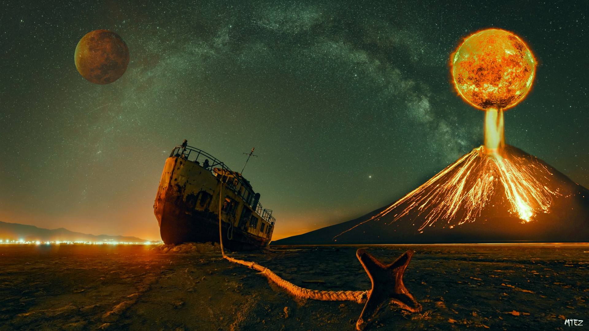 shipwreck, lava, photomontage, HD Wallpaper