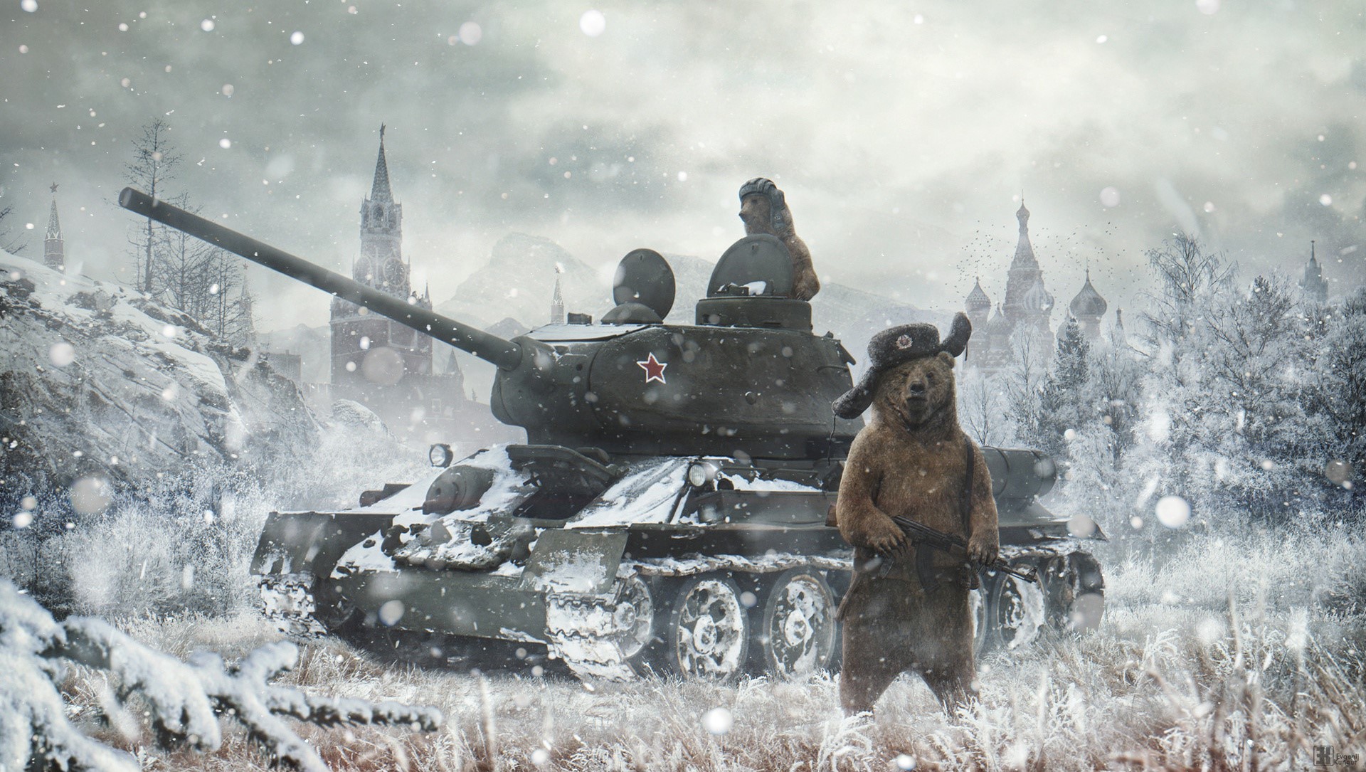 military, soldier, bears, tank, artwork, winter, snow, vehicle, HD Wallpaper