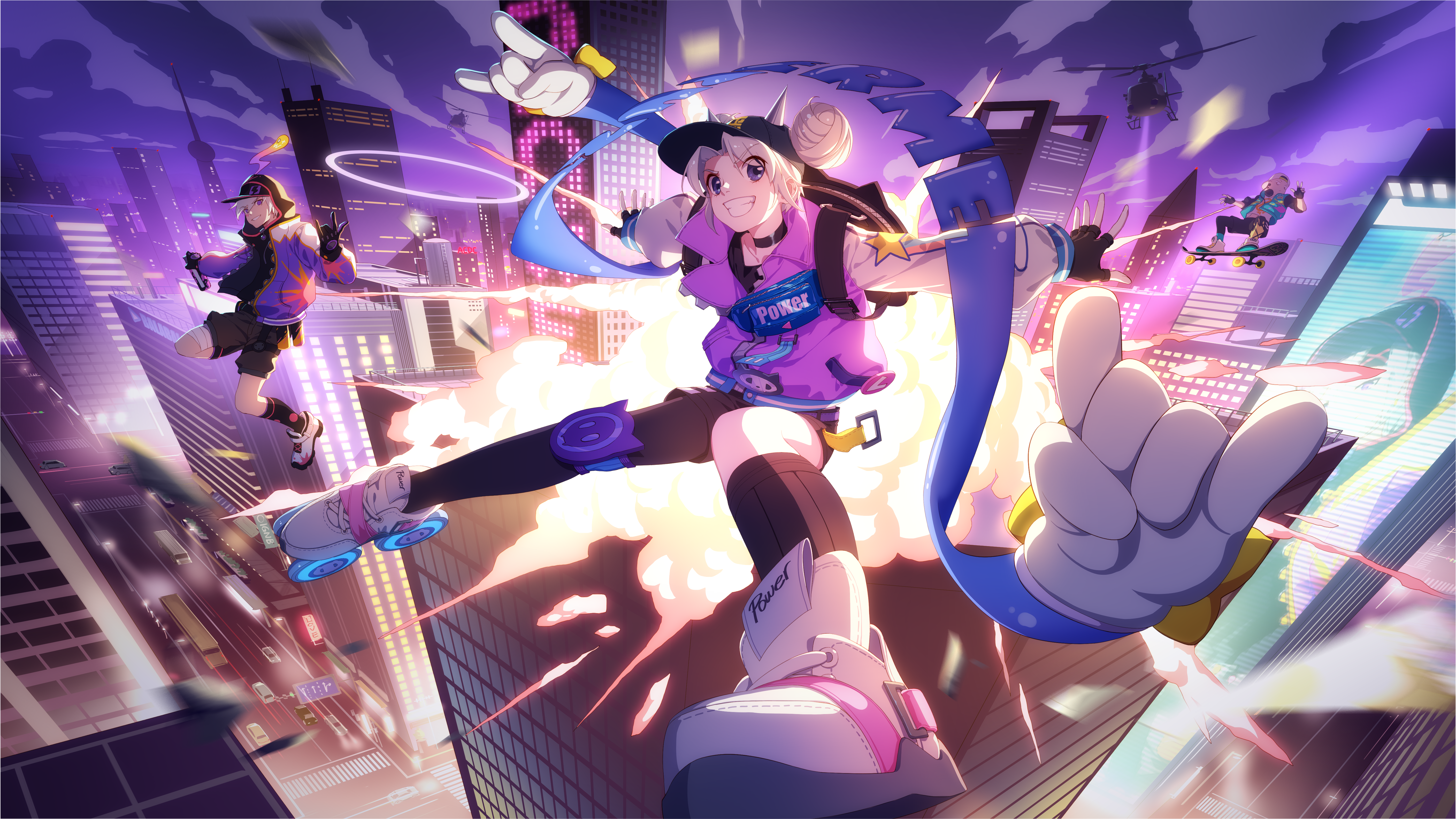 anime girls, anime boys, silver hair, smiling, science fiction, city, night, explosion, baseball caps, skateboard, building, artwork, digital art, illustration, 2D, Thankstar404, anime, HD Wallpaper
