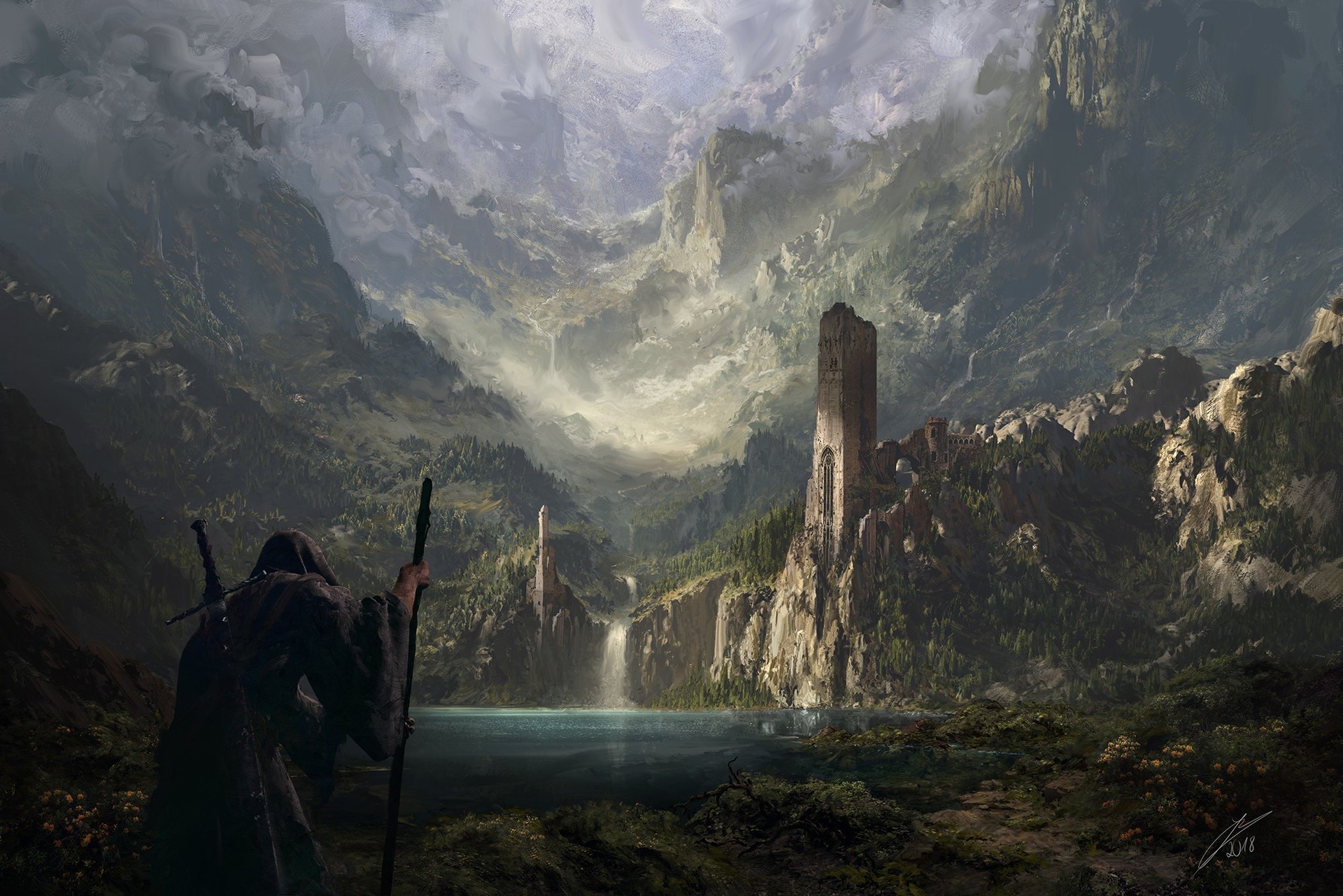 fantasy art, castle, ruin, mountains, HD Wallpaper