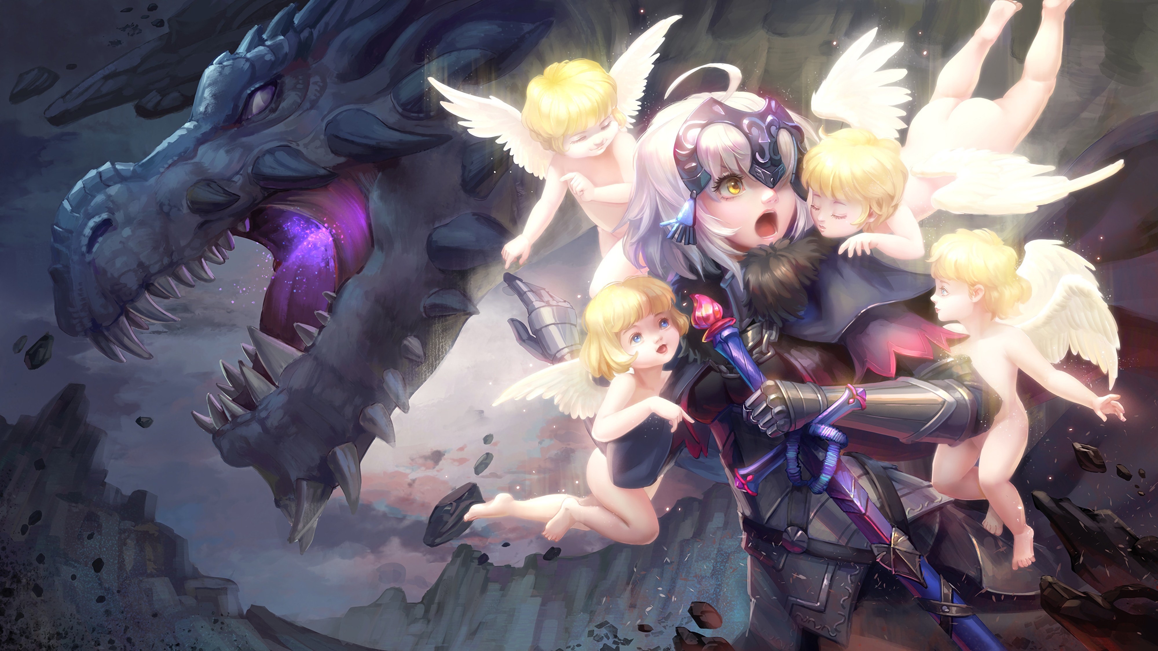 Jeanne (Alter) (Fate/Grand Order), Fate Series, Fate/Grand Order, Avenger (Fate/Grand Order), short hair, white hair, blond hair, angel, dragon, sword, anime girls, video games, HD Wallpaper