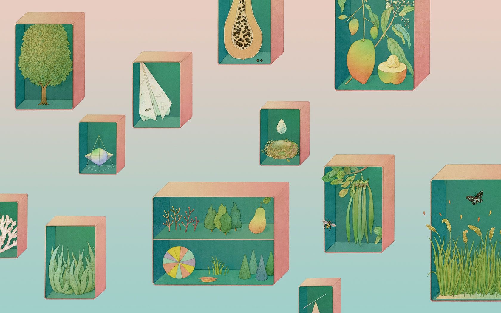 painting, pink background, artwork, trees, paper planes, plants, HD Wallpaper