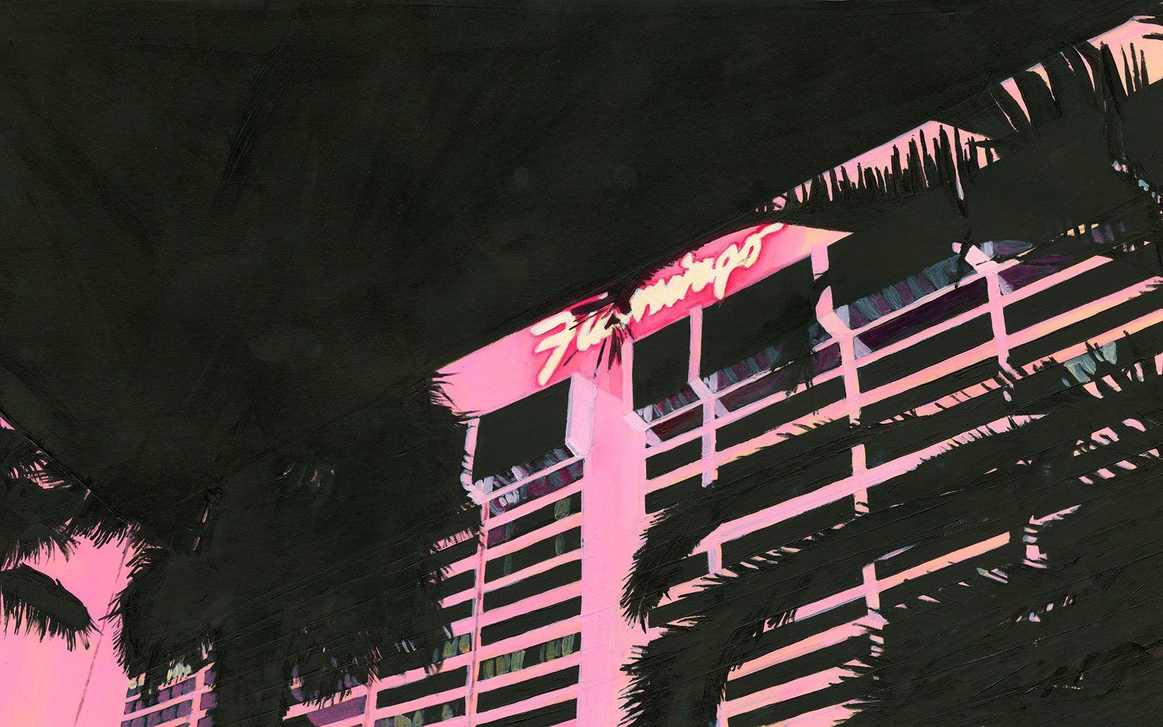 vaporwave, hotel, flamingos, palm trees, pink, HD Wallpaper