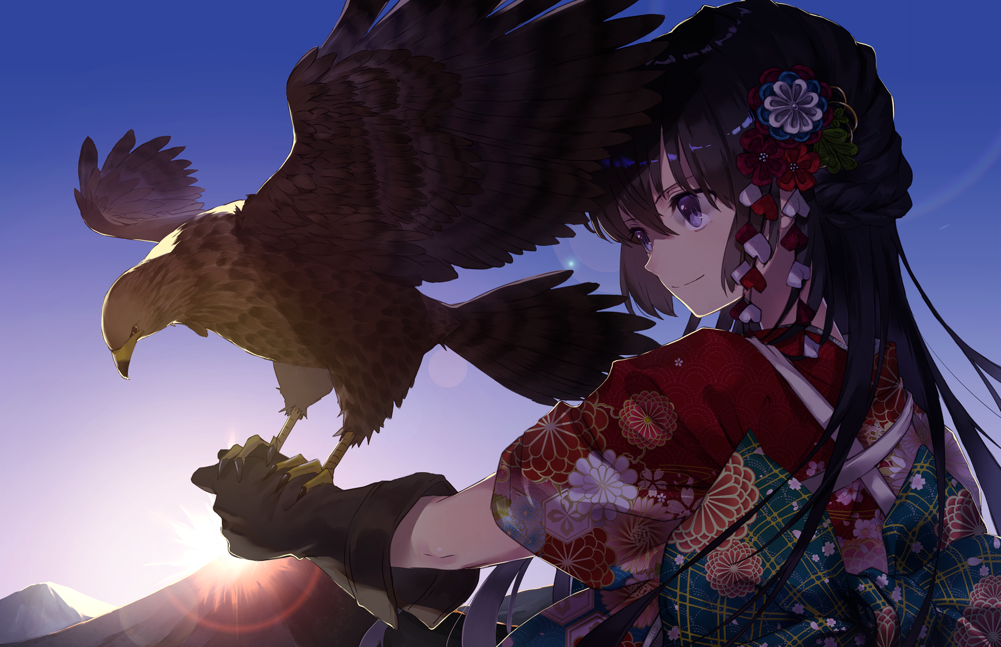 anime girls, anime, eagle, birds, animals, HD Wallpaper