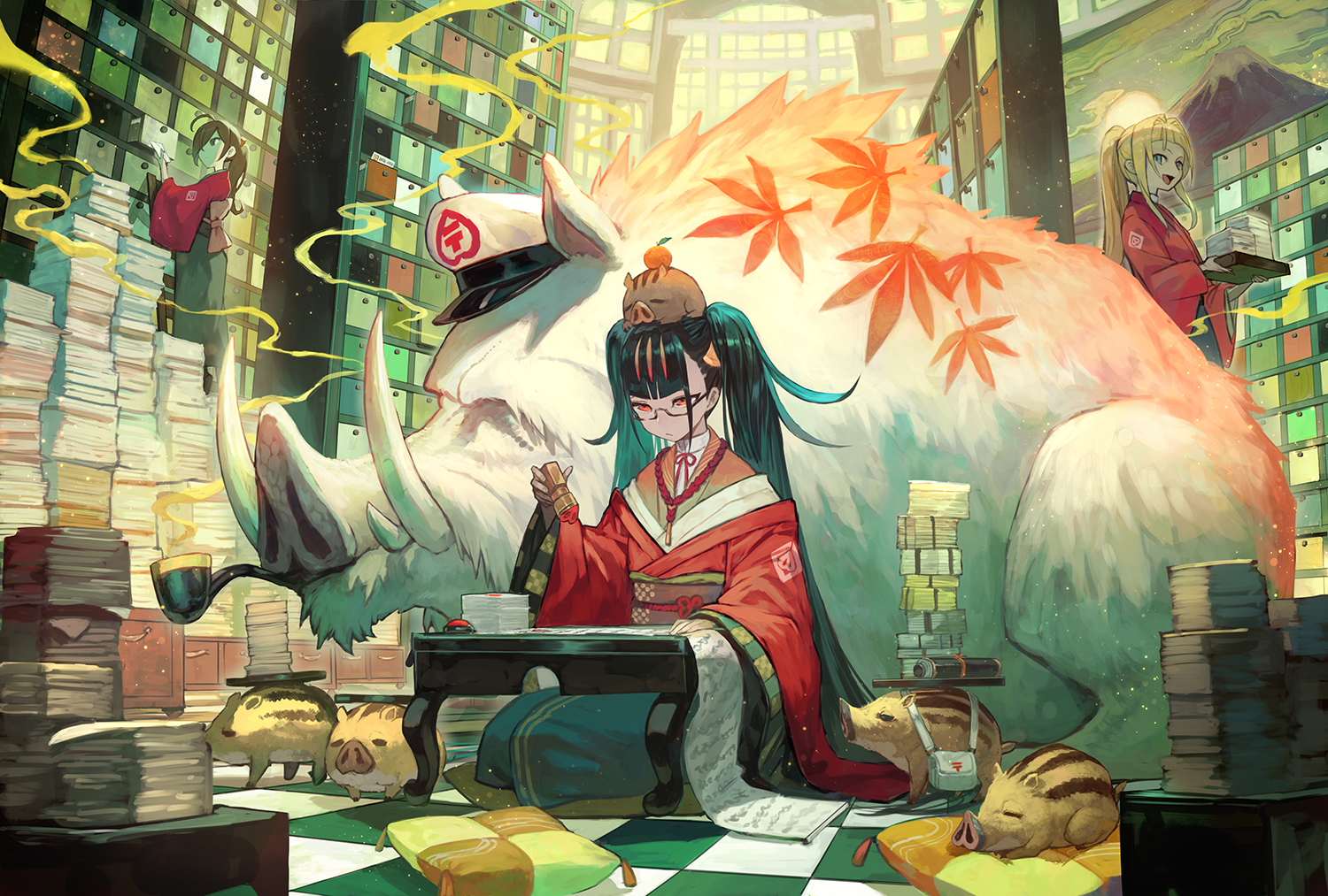 anime girls, original characters, women, twintails, long hair, boars, fangs, pigs, animals, artwork, drawing, digital art, 2D, illustration, fantasy art, women with glasses, glasses, kimono, kneeling, anime, HD Wallpaper