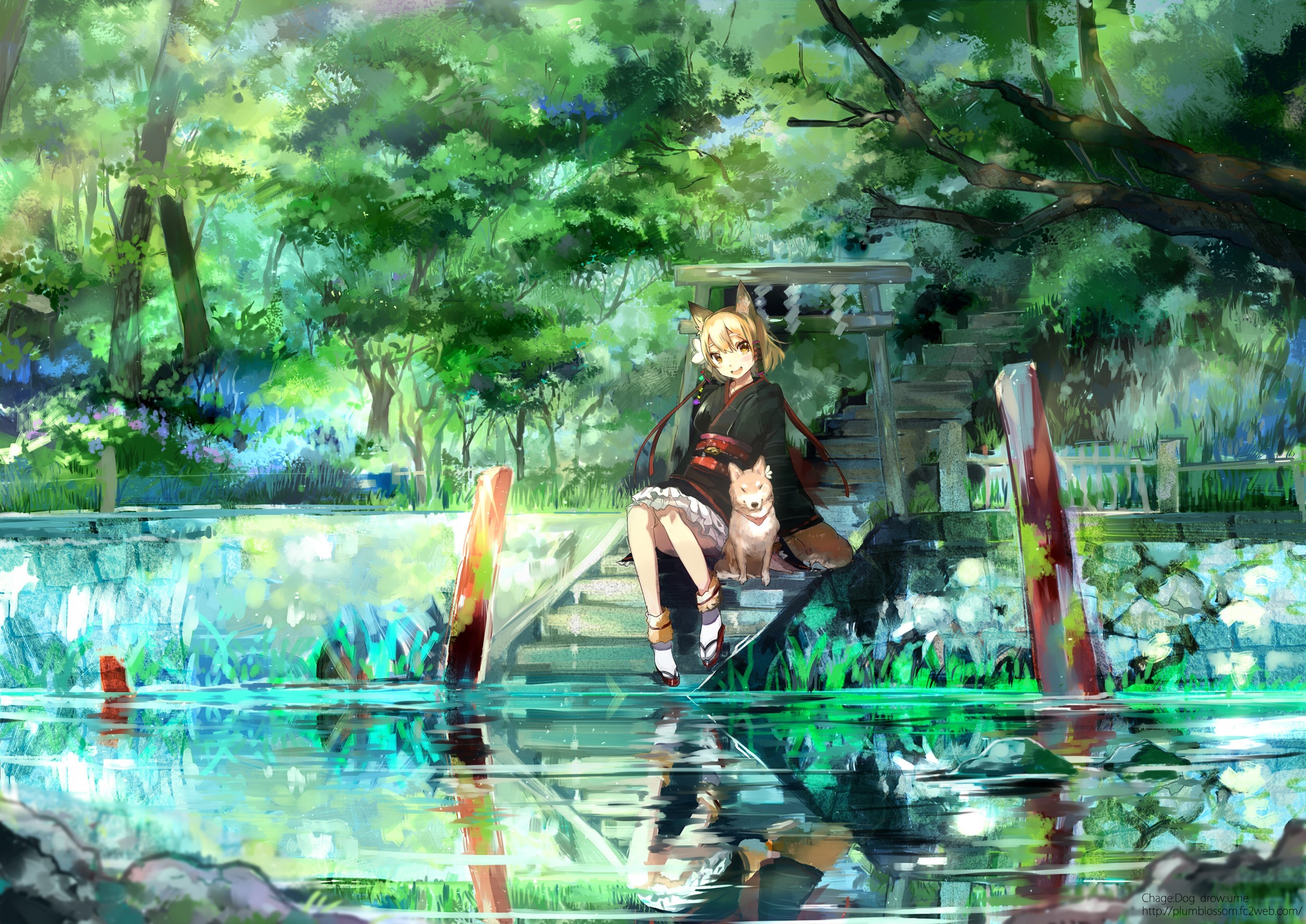 anime girls, original characters, long hair, inumimi, dog, Japanese clothes, nature, water, forest, tori, landscape, yukata, HD Wallpaper