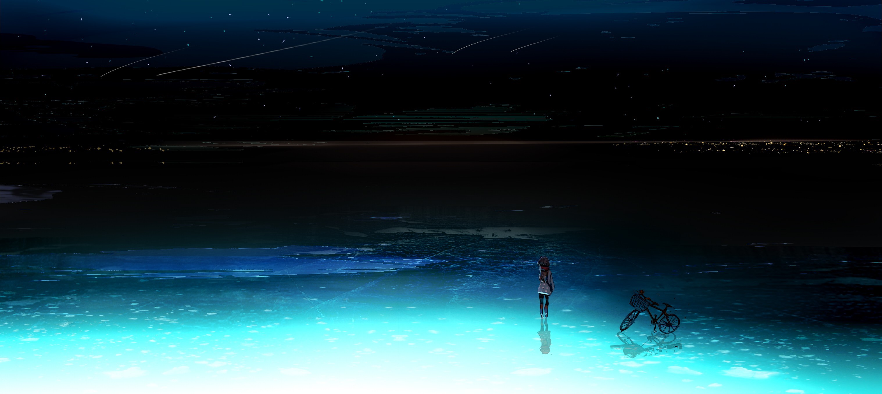 anime girls, long hair, bicycle, night, stars, original characters, cyan, HD Wallpaper