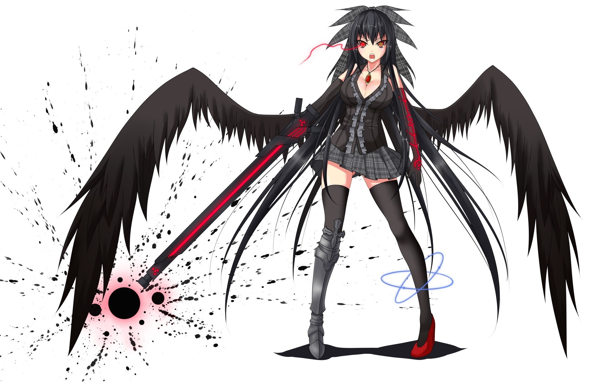 anime girls, Touhou, skirt, simple background, wings, thigh-highs, cleavage, zettai ryouiki, Reiuji Utsuho, HD Wallpaper
