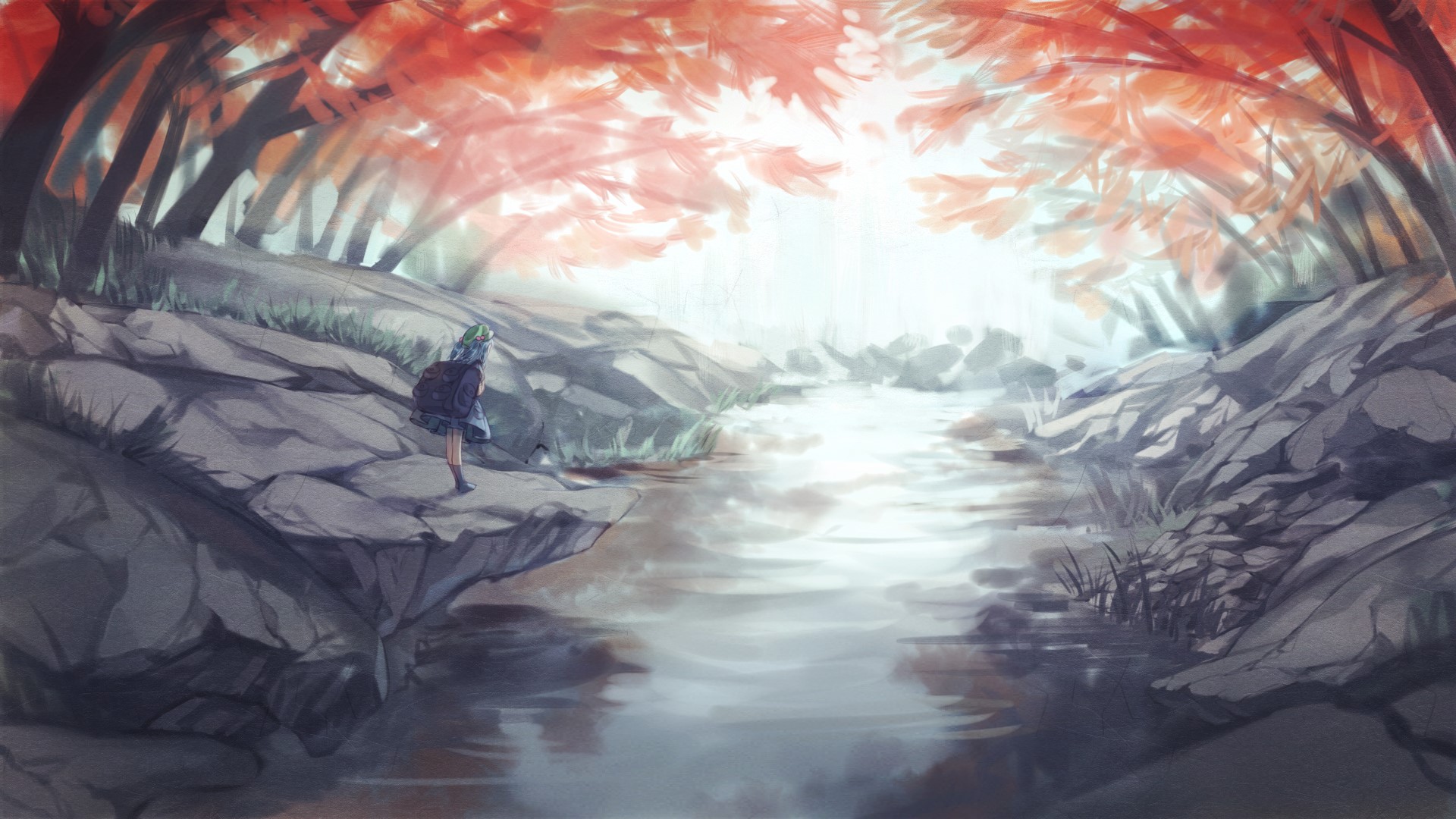 Kawashiro Nitori, Touhou, anime, trees, river, HD Wallpaper