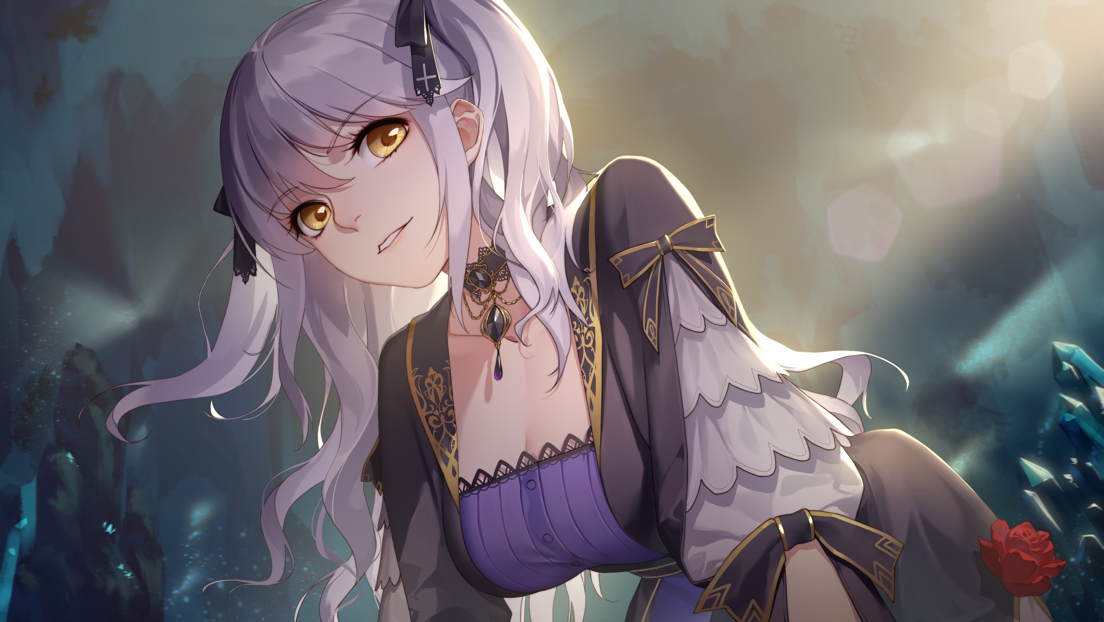 anime girls, original characters, women, silver hair, artwork, digital art, illustration, looking at viewer, long hair, pigtails, yellow eyes, necklace, dress, cleavage, smiling, portrait, lens flare, Thankstar404, anime, HD Wallpaper
