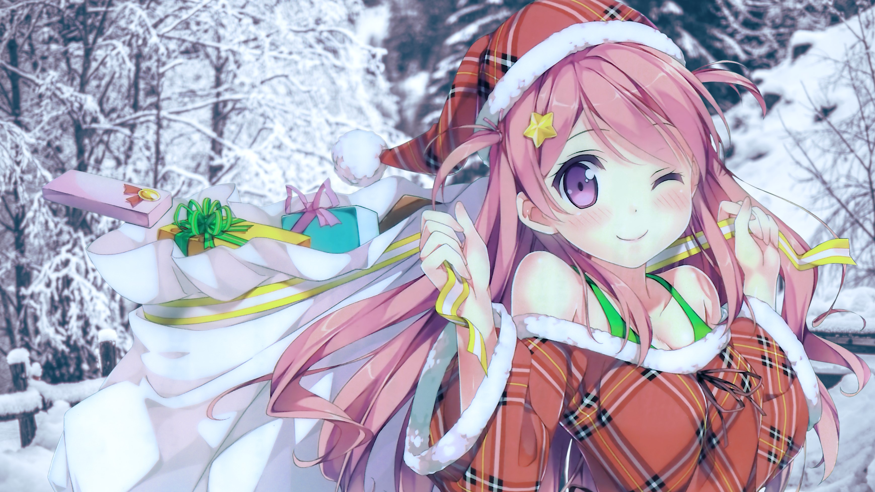 Kantoku, snow covered, Christmas, presents, pink hair, purple eyes, snow, edit, Santa hats, HD Wallpaper