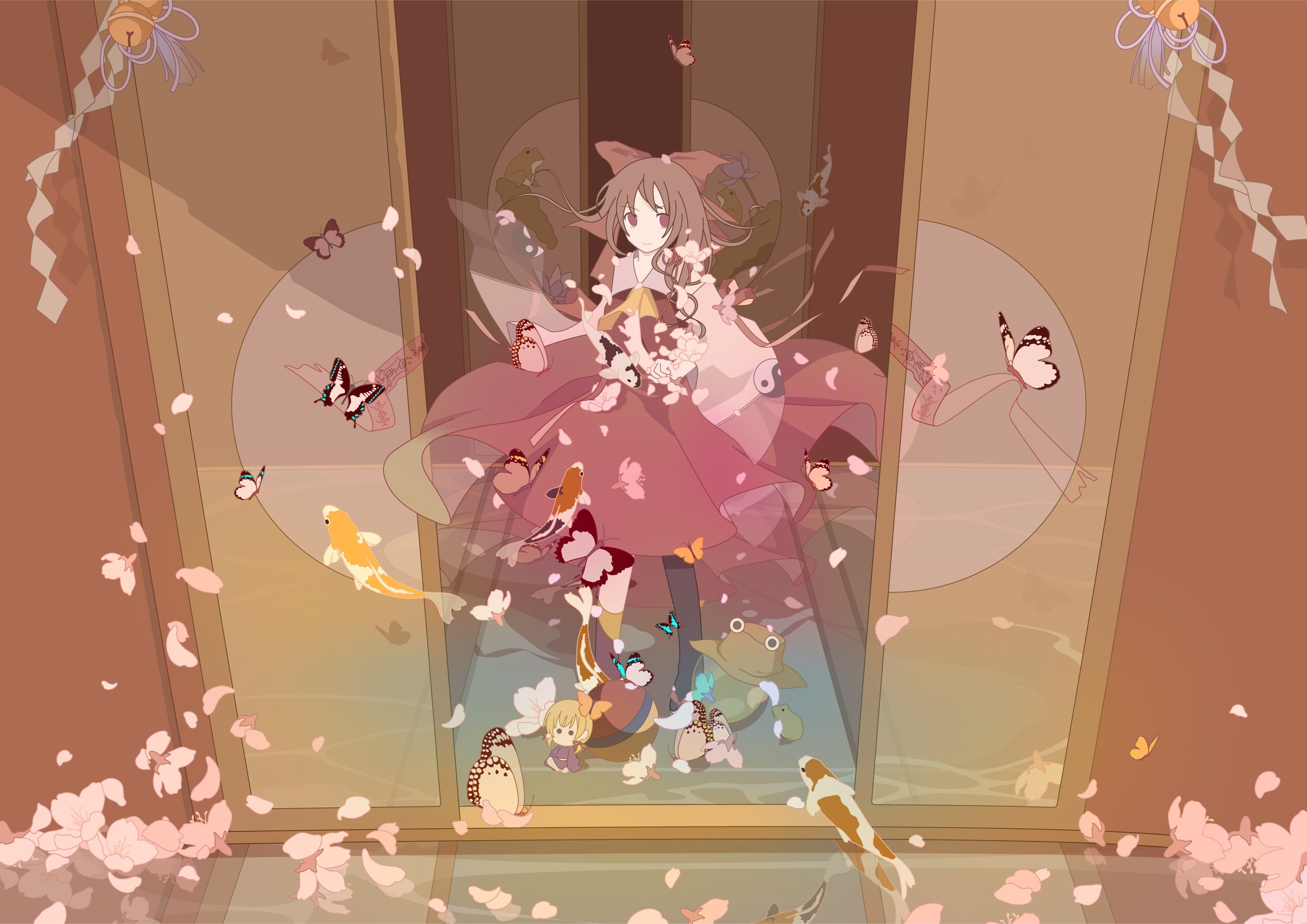 anime girls, Touhou, video games, Hakurei Reimu, dress, butterfly, house, door, HD Wallpaper