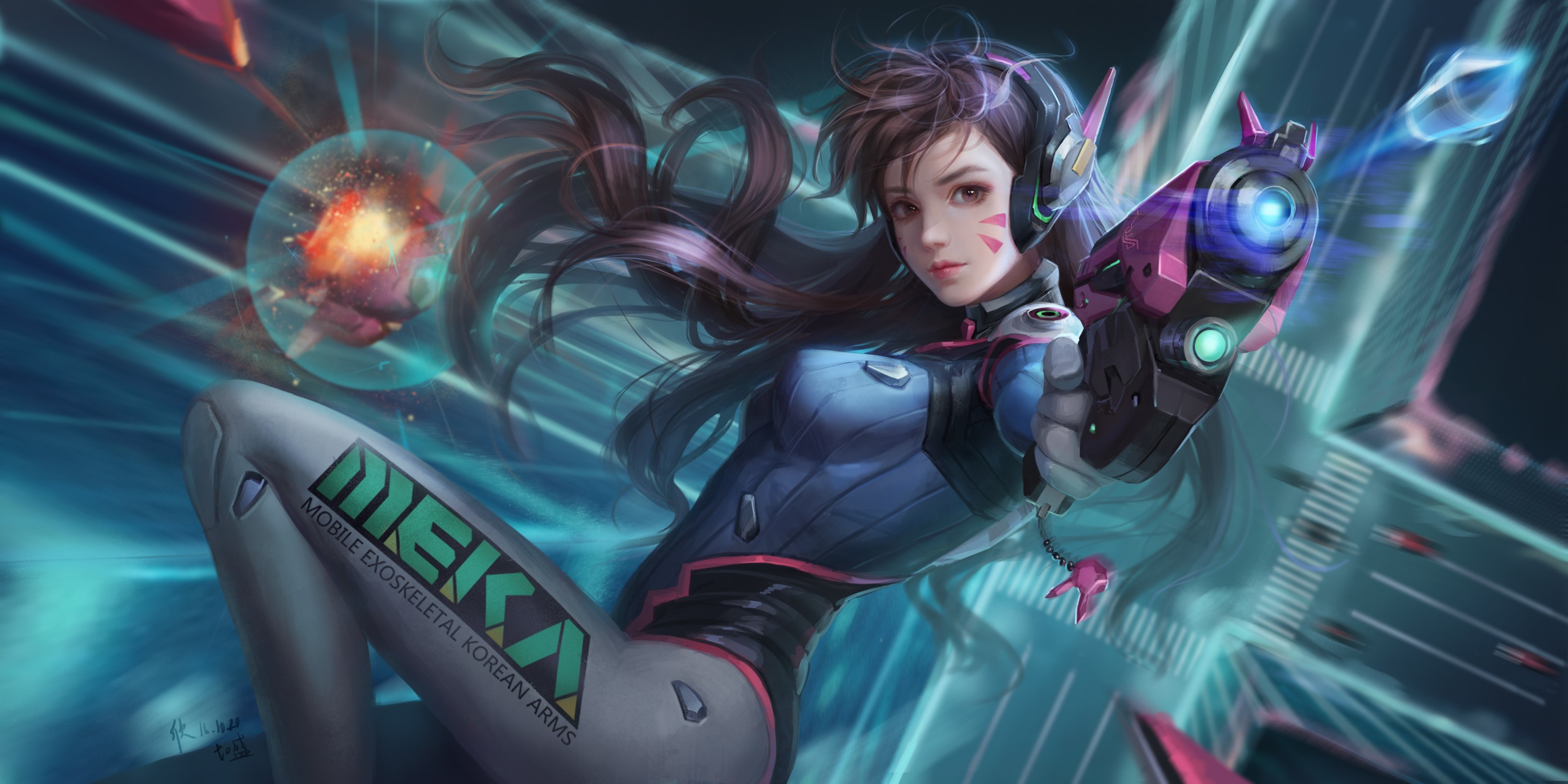 D.Va (Overwatch), Overwatch, video games, women, road, gun, bodysuit, explosion, city, building, digital art, artwork, Asian, Korean, long hair, HD Wallpaper