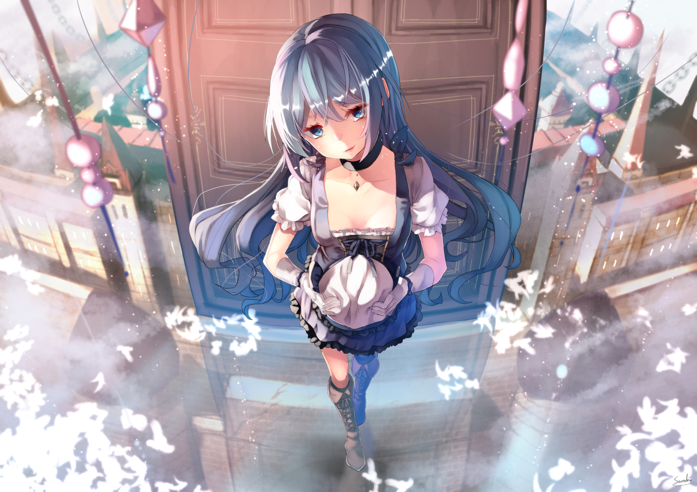 anime, anime girls, blue hair, necklace, long hair, HD Wallpaper
