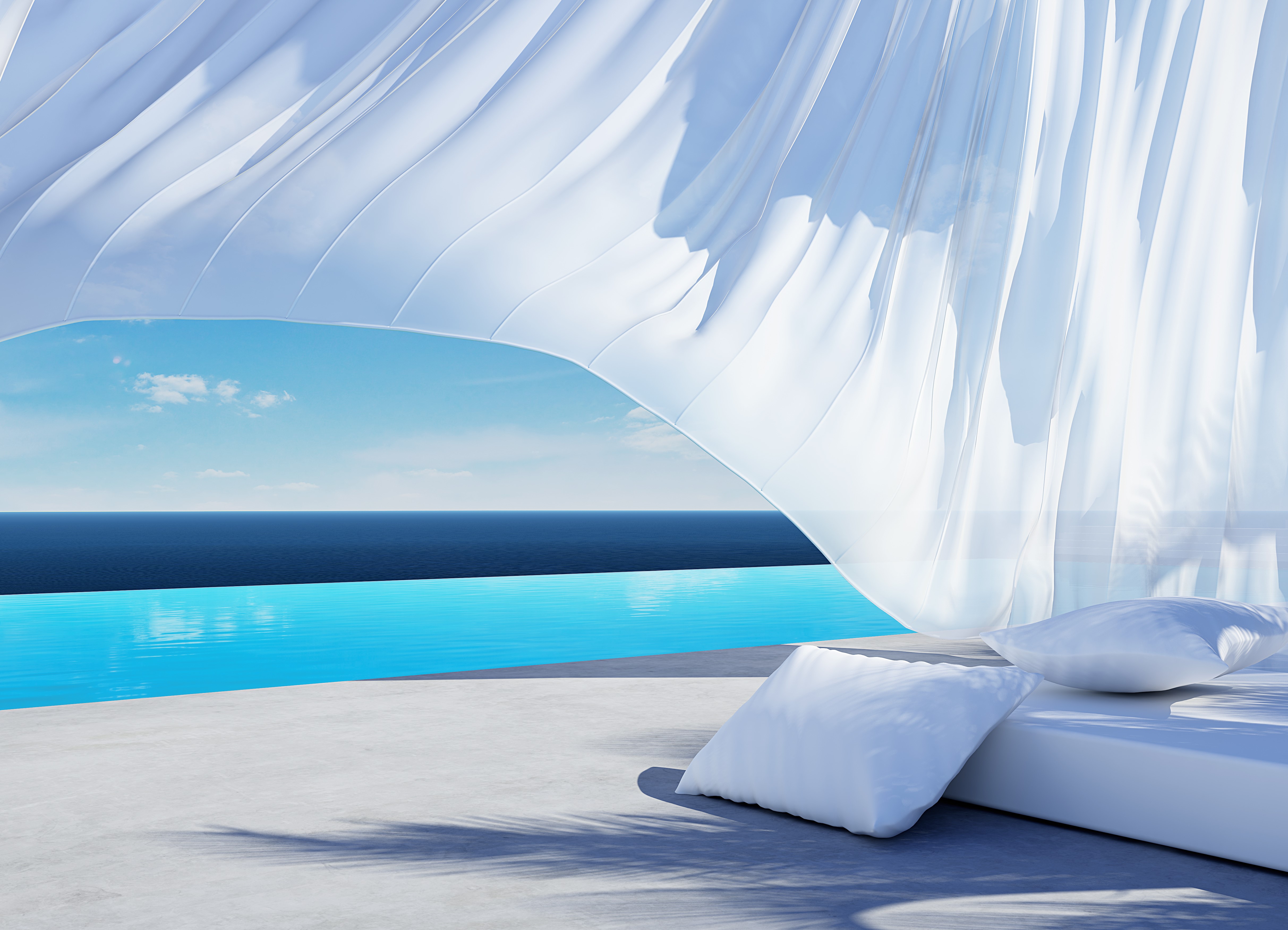 curtain, wind, pillow, sky, blue, cyan, HD Wallpaper