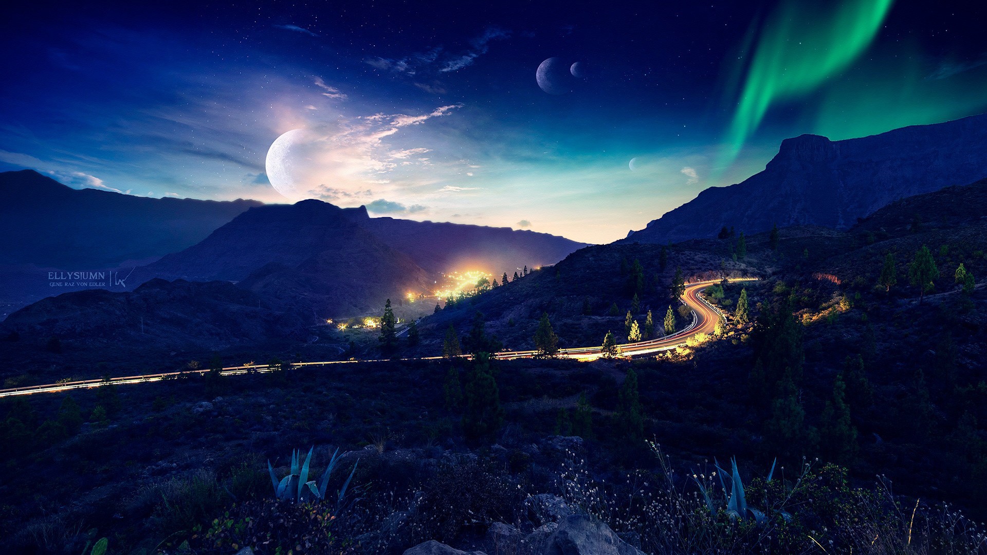 road, landscape, digital art, night, sky, nature, HD Wallpaper