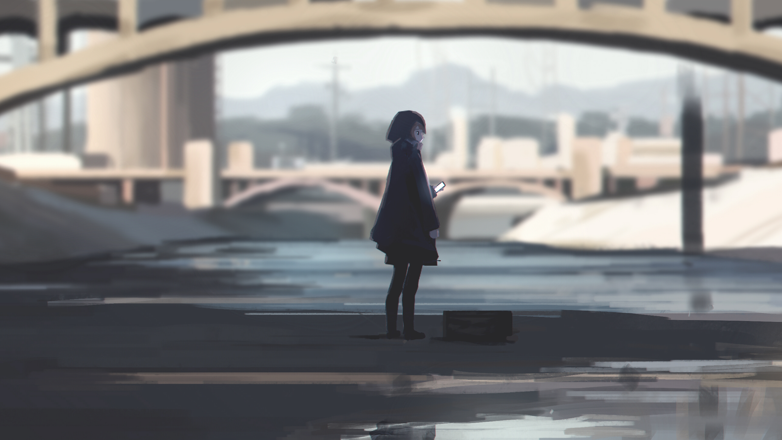 anime girls, artwork, cityscape, dark, bridge, cellphone, raincoat, HD Wallpaper