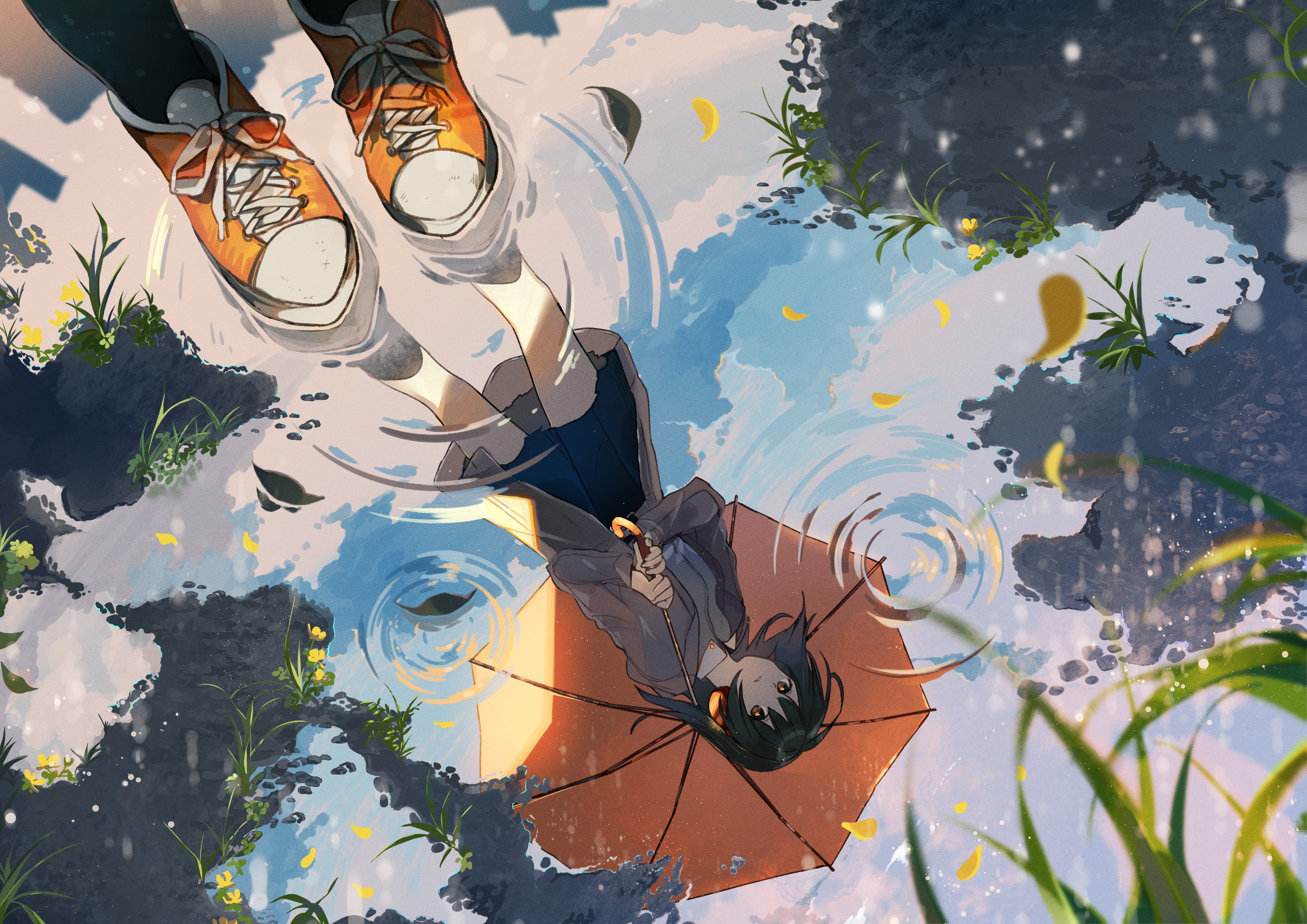 anime, anime girls, water, umbrella, shoes, reflection, dark hair, HD Wallpaper