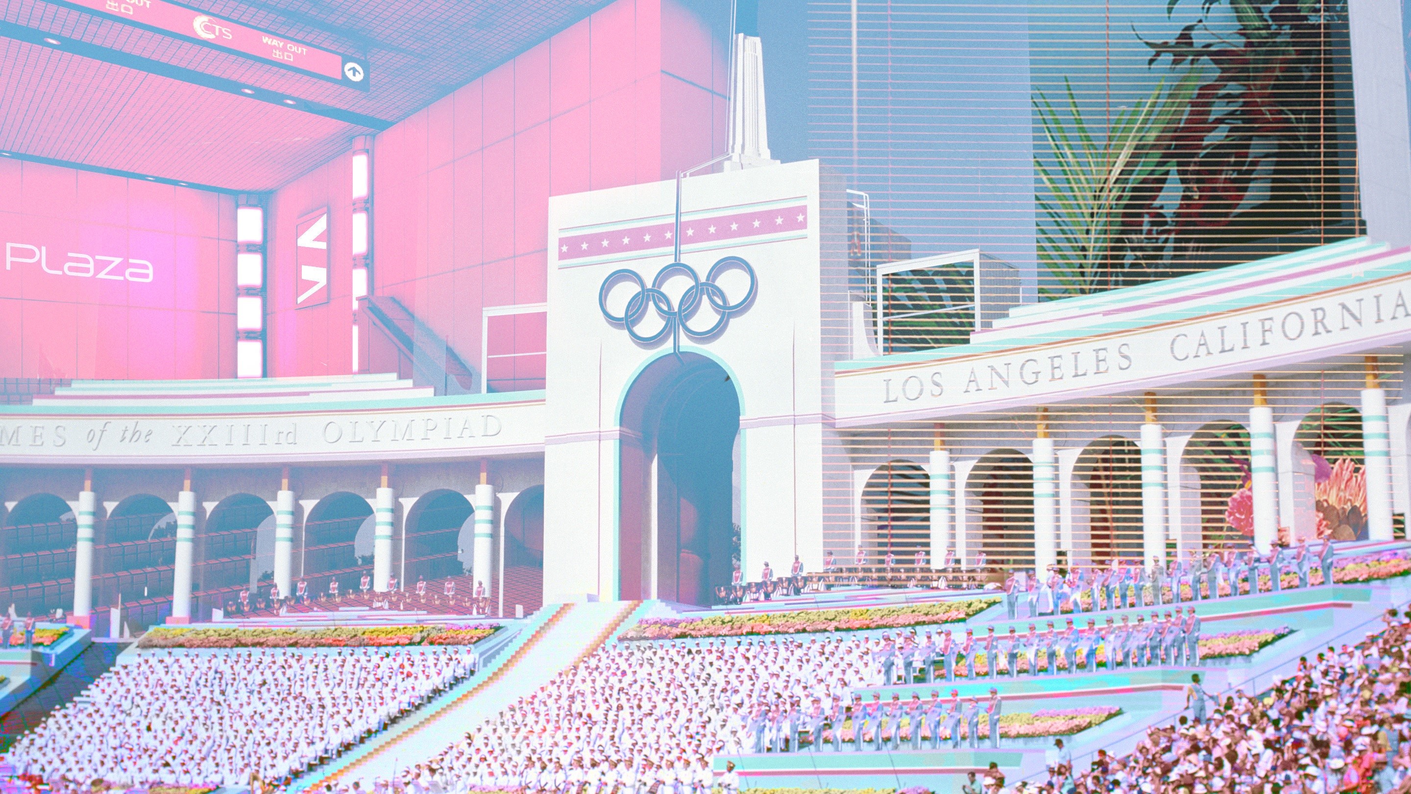 Olympics, pink, 1984, Los Angeles, futuristic, vaporwave, HD Wallpaper