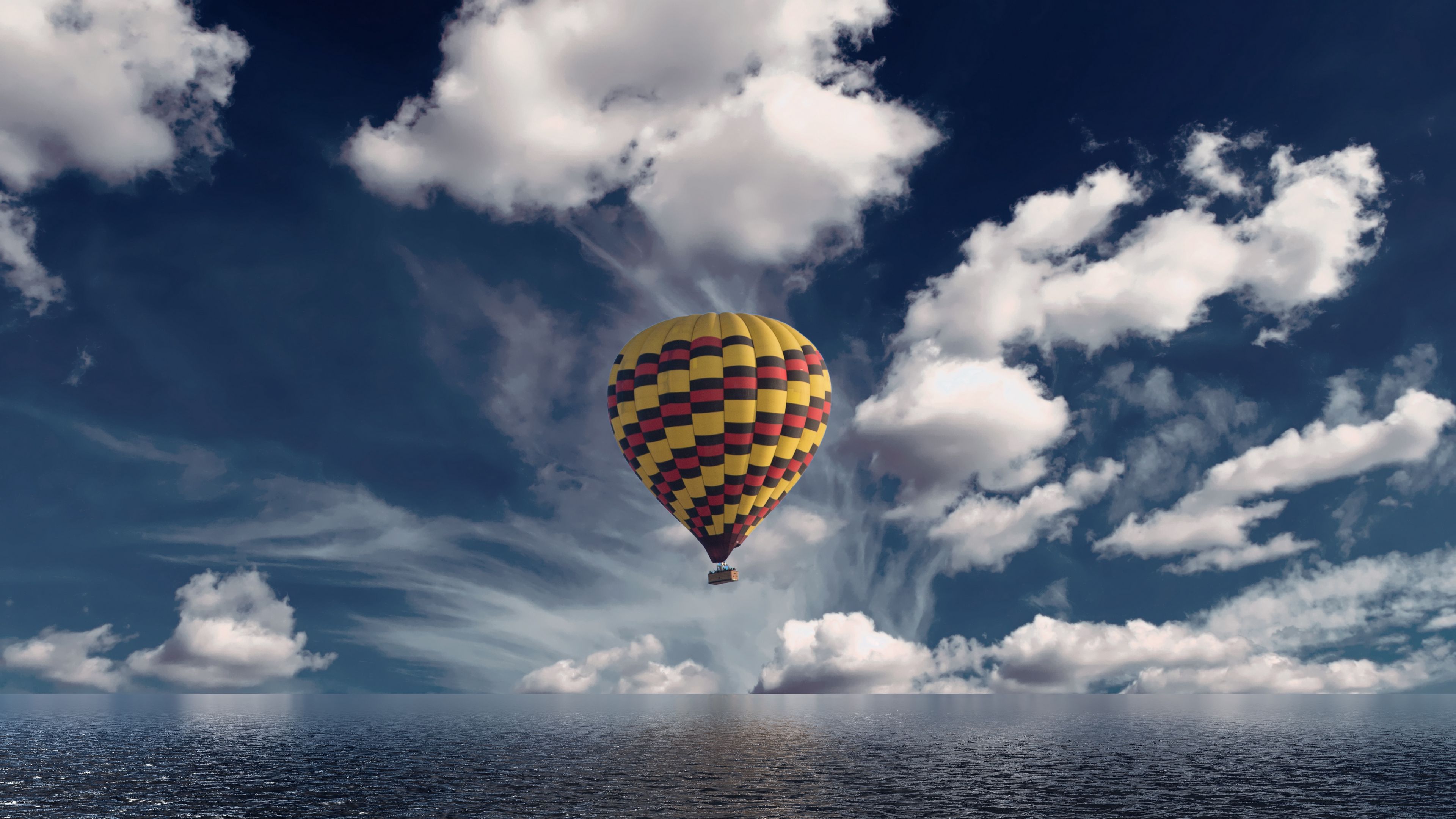air balloon, aerostat, sea, horizon, clouds, 4k, HD Wallpaper