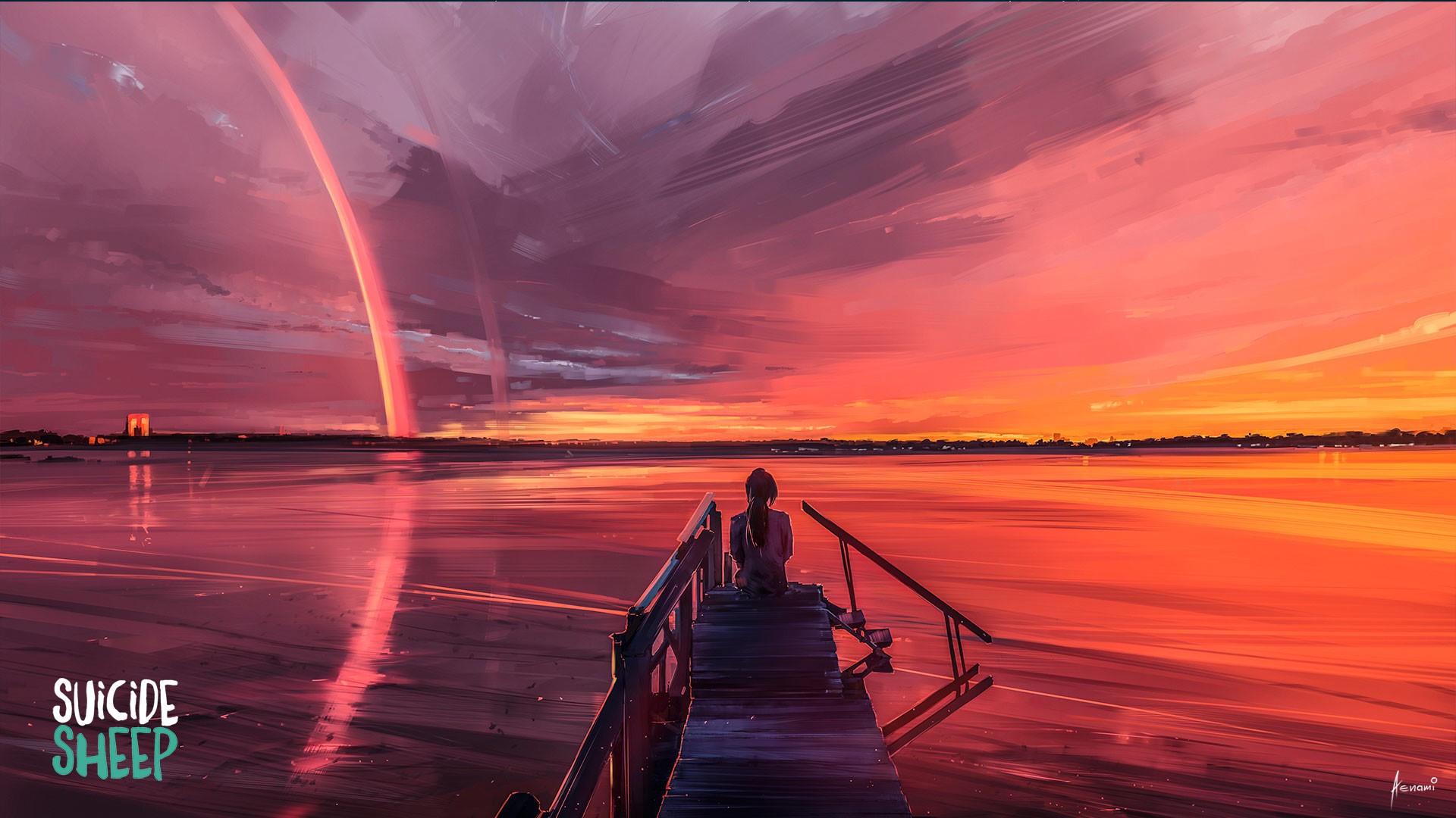 digital art, artwork, Aenami, sunset, landscape, sea, sky, Suicide Sheep, pier, HD Wallpaper