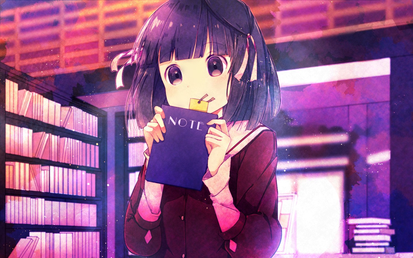 anime, anime girls, books, purple eyes, HD Wallpaper