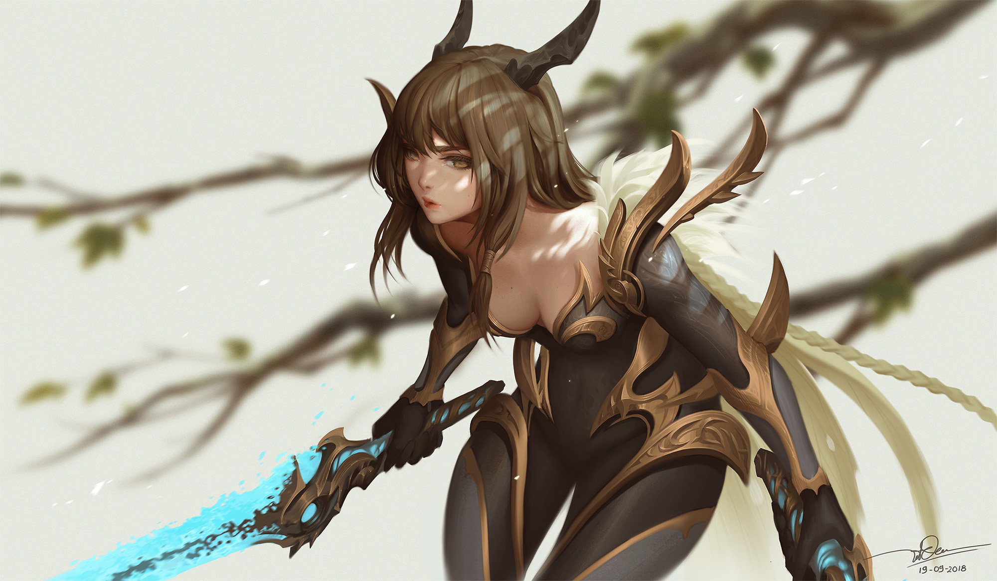Dao Le Trong, anime girls, anime, brunette, 2018 (Year), sword, horns, HD Wallpaper