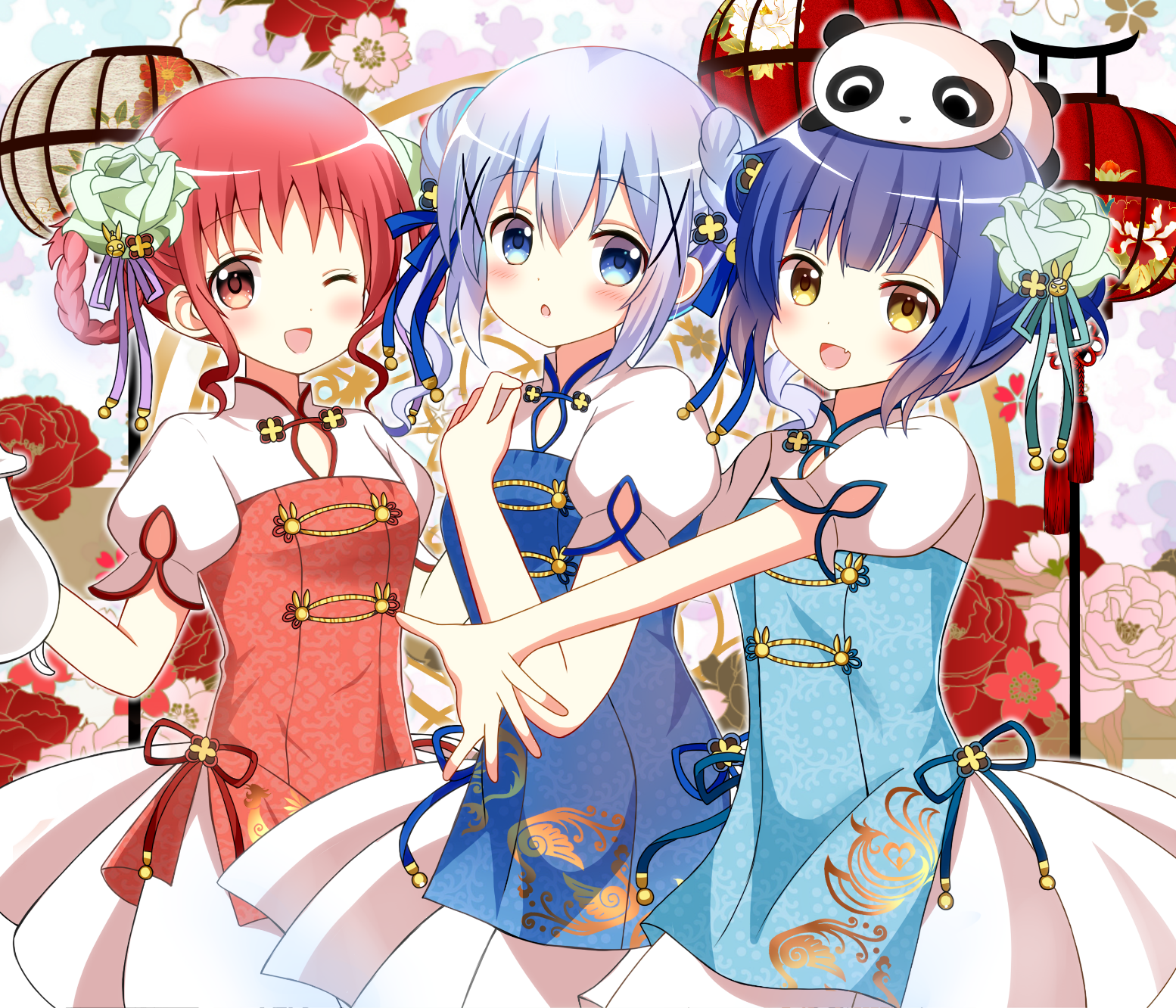 anime, anime girls, loli, Gochuumon wa Usagi Desu ka, Gochuumon wa Usagi Desu ka?, Kafuu Chino, Jouga Maya, Natsu Megumi, fan art, white skin, HD Wallpaper
